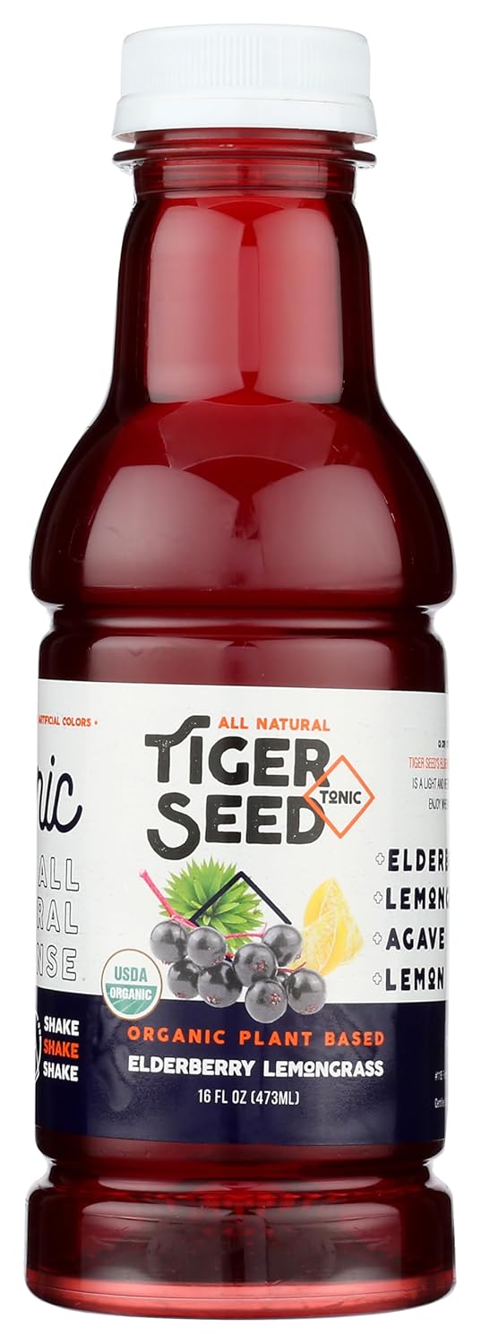 Organic Elderberry Lemongrass Tiger Seed Drink for Immune Support & Hydration - Pack of 9, 16 FL OZ Bottles - Vegan, Kosher, Low-Sugar