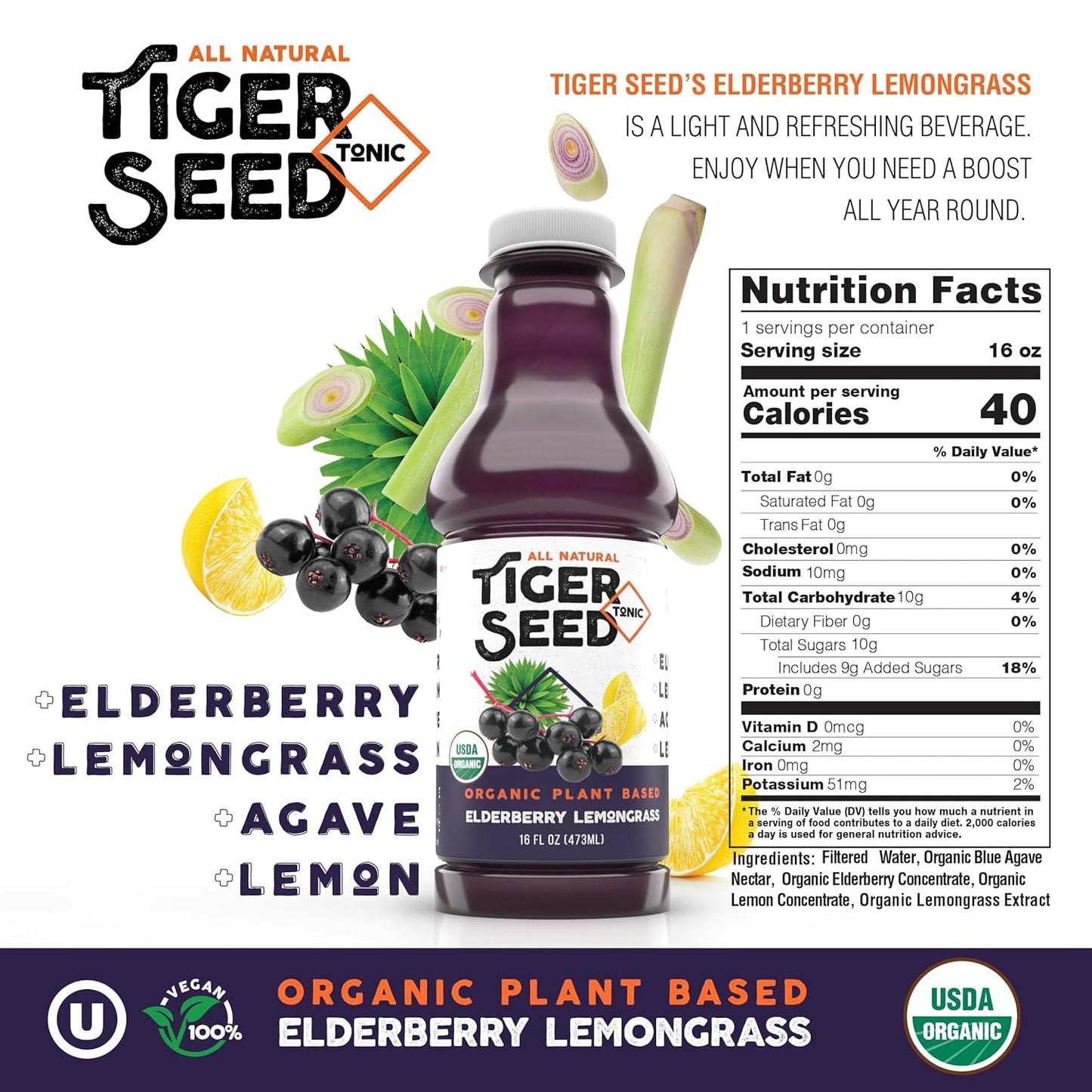 Organic Elderberry Lemongrass Tiger Seed Drink for Immune Support & Hydration - Pack of 9, 16 FL OZ Bottles - Vegan, Kosher, Low-Sugar
