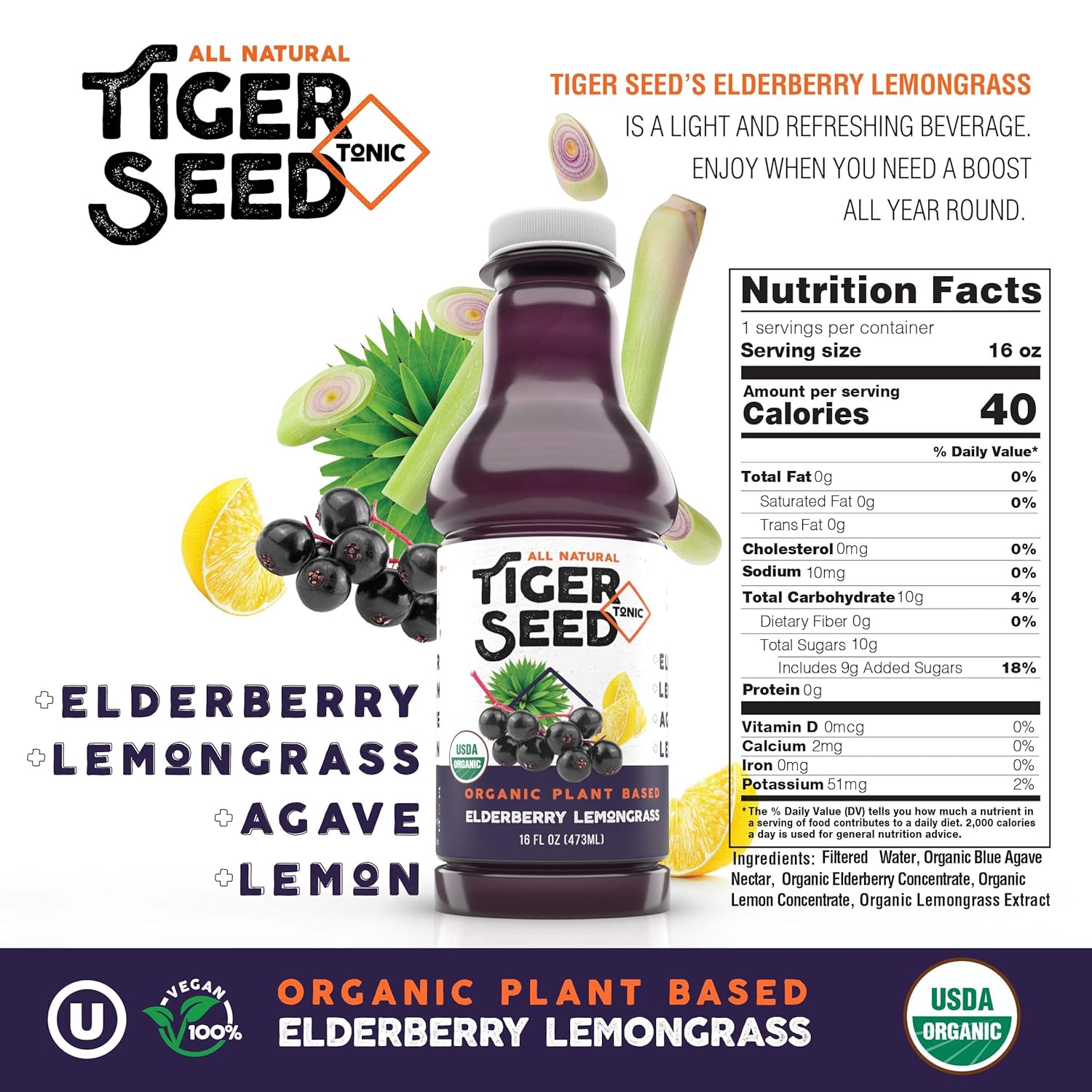 Organic Elderberry Lemongrass Tiger Seed Drink for Immune Support & Hydration - Pack of 9, 16 FL OZ Bottles - Vegan, Kosher, Low-Sugar