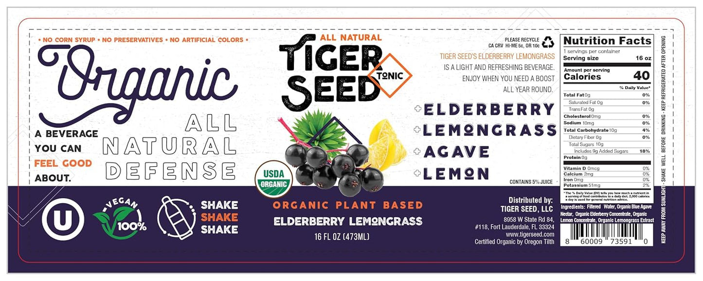 Organic Elderberry Lemongrass Tiger Seed Drink for Immune Support & Hydration - Pack of 9, 16 FL OZ Bottles - Vegan, Kosher, Low-Sugar