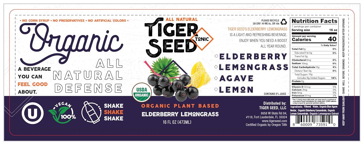 Organic Elderberry Lemongrass Tiger Seed Drink for Immune Support & Hydration - Pack of 9, 16 FL OZ Bottles - Vegan, Kosher, Low-Sugar