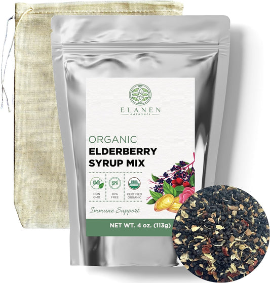 Organic Elderberry Syrup Kit with Immune Support Herbs, Makes 24 oz, USDA Certified, Includes Cotton Brew Bag, Bulk 4 oz Kit