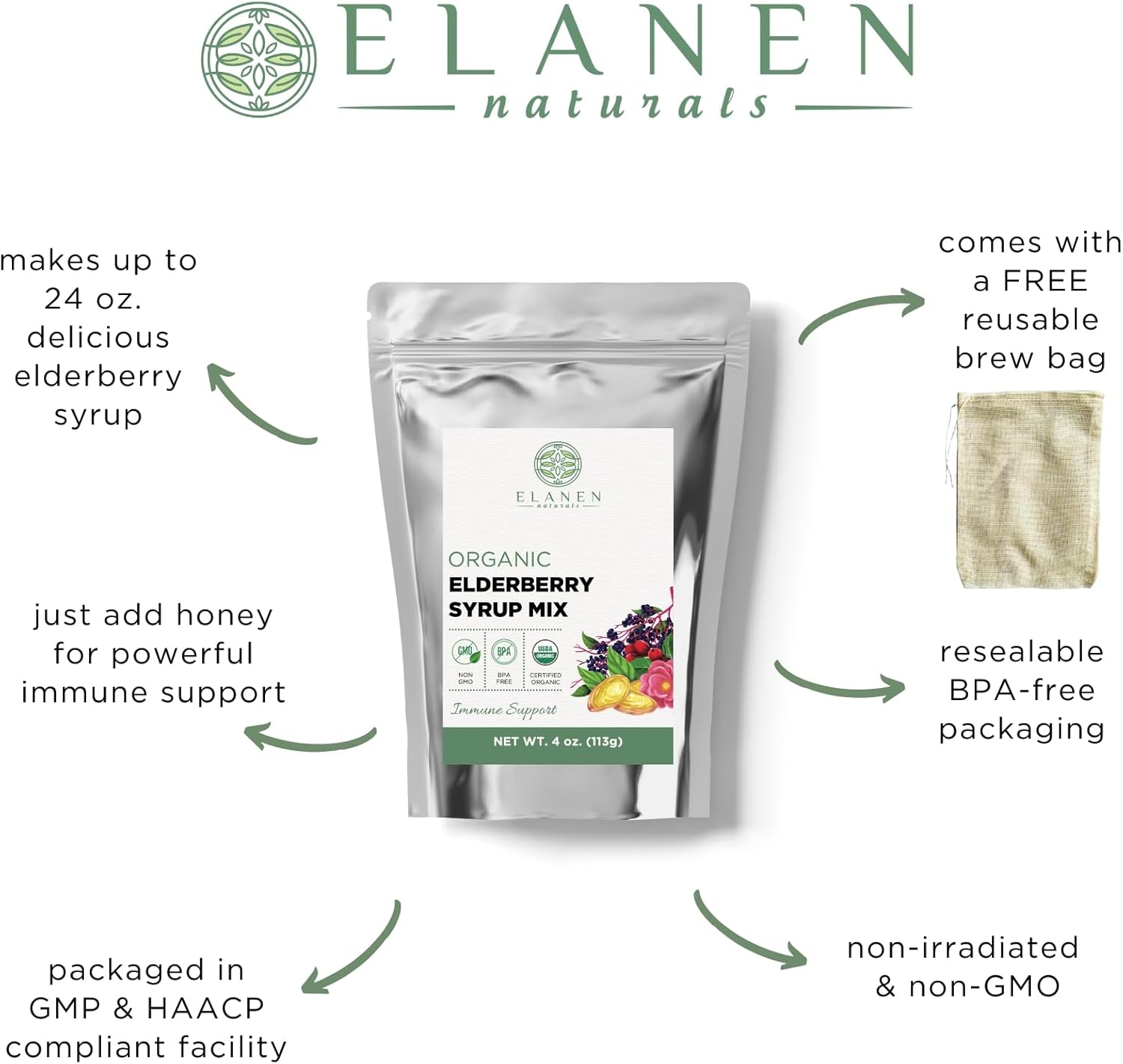Organic Elderberry Syrup Kit with Immune Support Herbs, Makes 24 oz, USDA Certified, Includes Cotton Brew Bag, Bulk 4 oz Kit