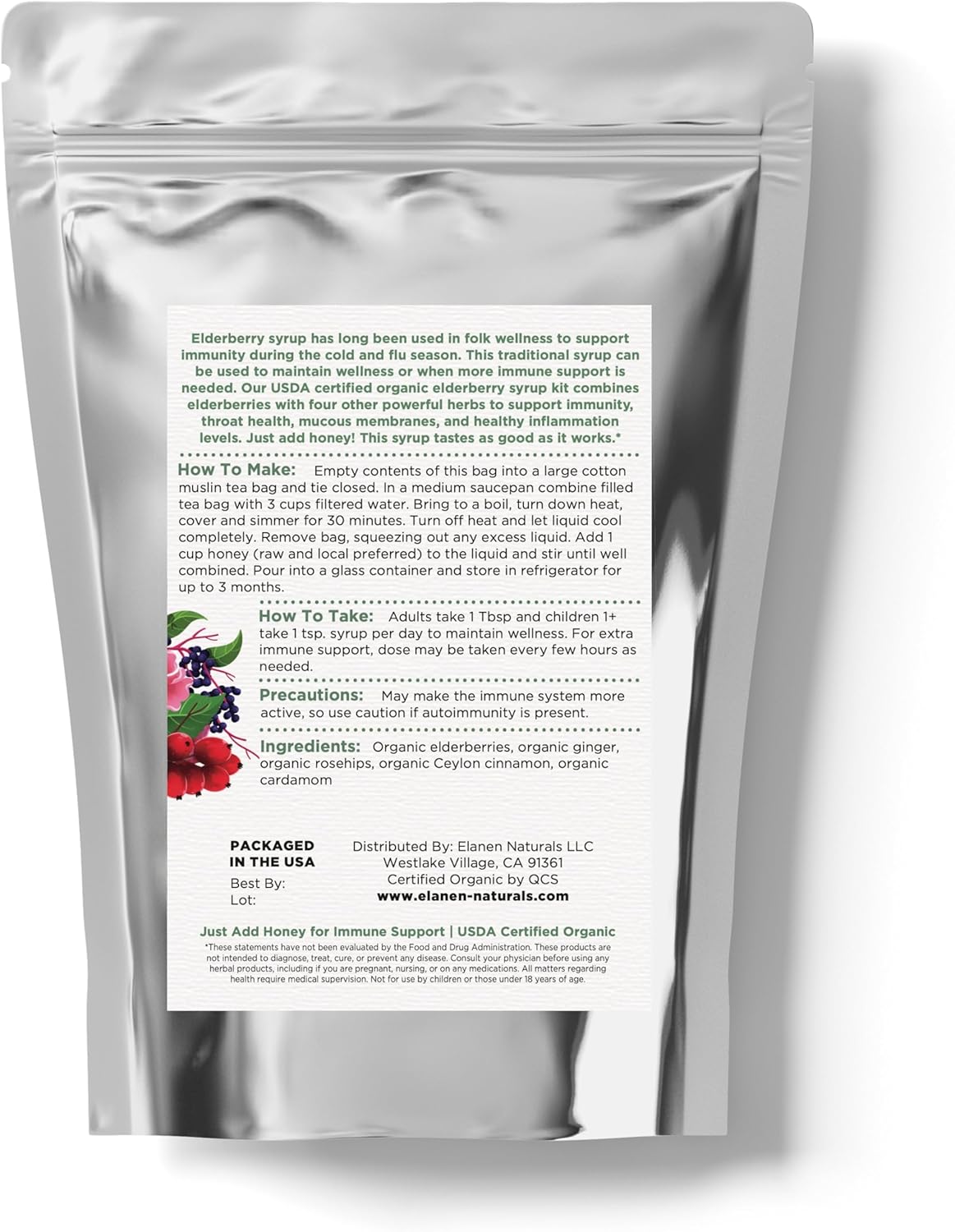 Organic Elderberry Syrup Kit with Immune Support Herbs, Makes 24 oz, USDA Certified, Includes Cotton Brew Bag, Bulk 4 oz Kit