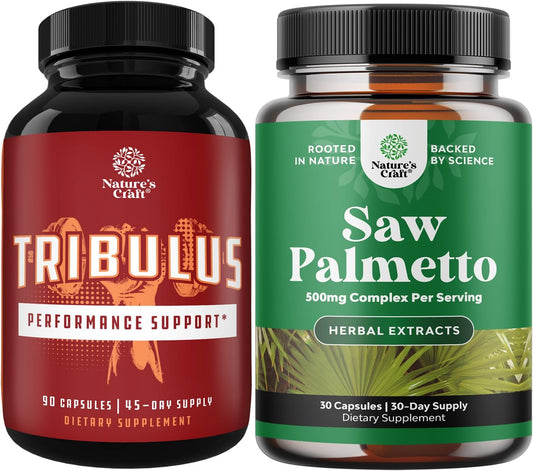 Organic Energy Boost Bundle: Tribulus Terrestris Extract for Muscle Growth + Saw Palmetto Extract for Hair Health & Urinary Support - Plant Sterols Included