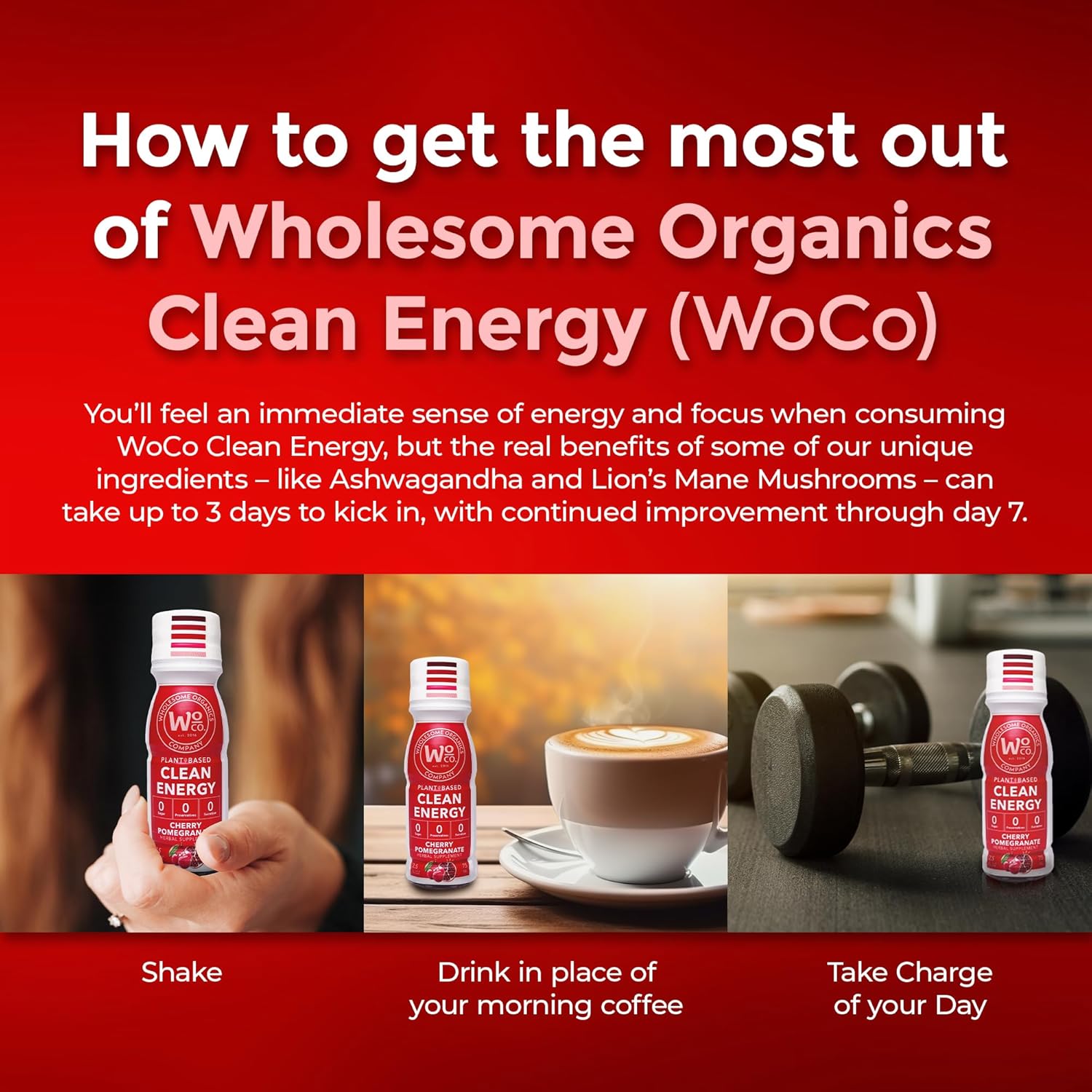 Organic Energy Shot with Yerba Mate, Ashwagandha, Lion's Mane & B12 - Cherry Pomegranate Flavor - 3 Pack of 2.5 FL Oz Shots