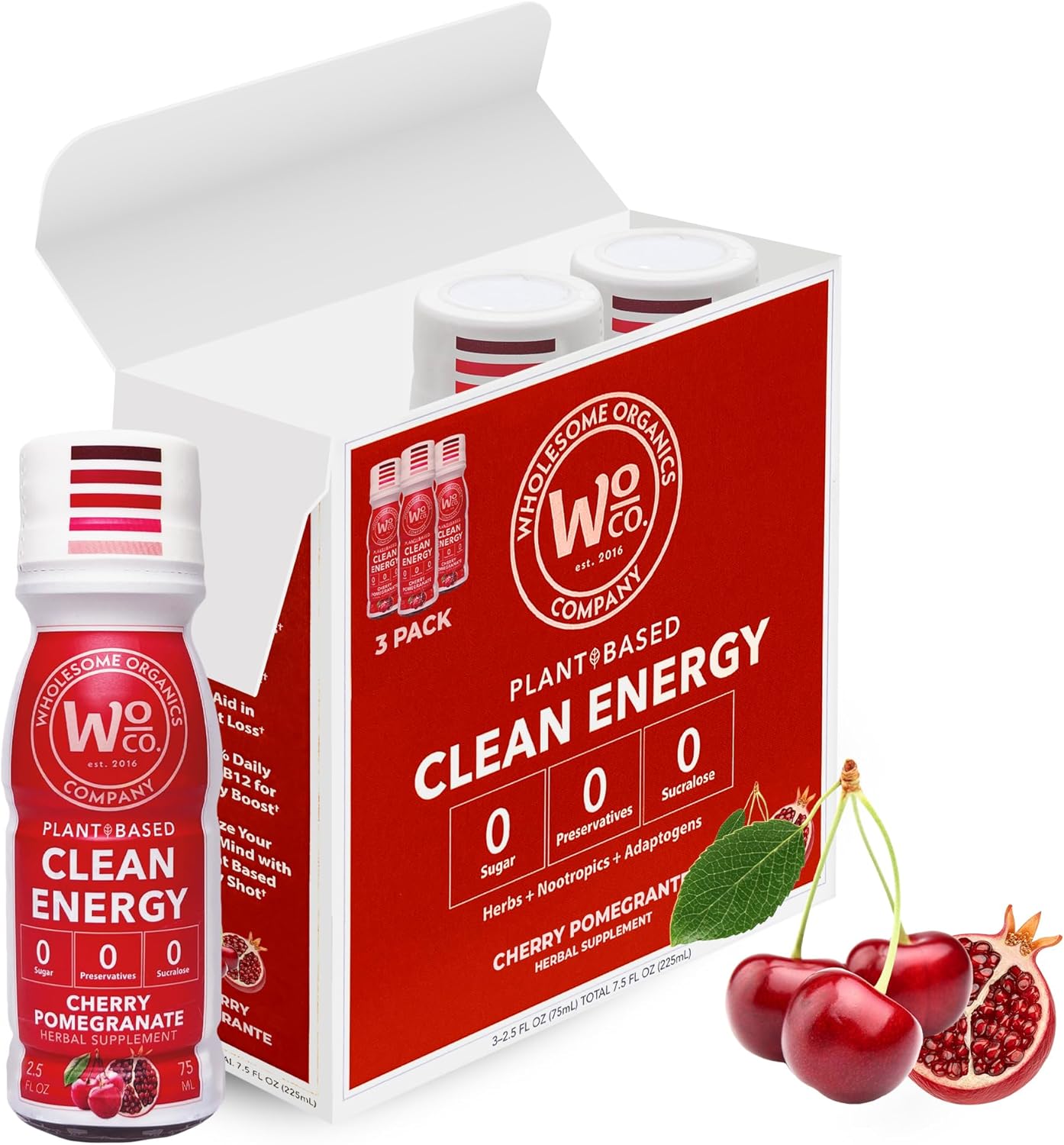 Organic Energy Shot with Yerba Mate, Ashwagandha, Lion's Mane & B12 - Cherry Pomegranate Flavor - 3 Pack of 2.5 FL Oz Shots
