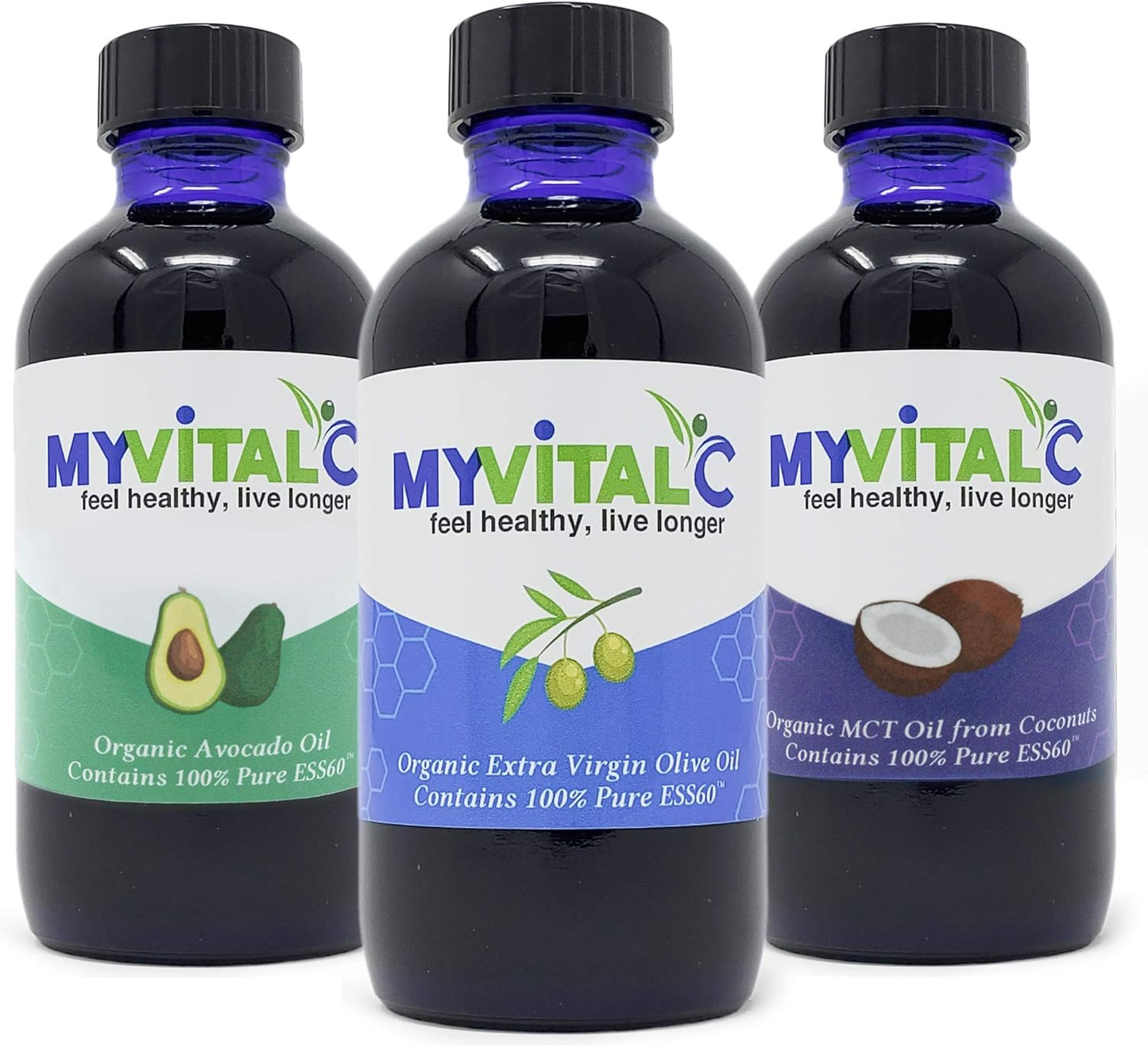 Organic EVOO, MCT, Avocado Oil Combo with ESS60 Antioxidant Supplement - Anti-Aging, Longevity, Sleep, Energy - Pack of 3