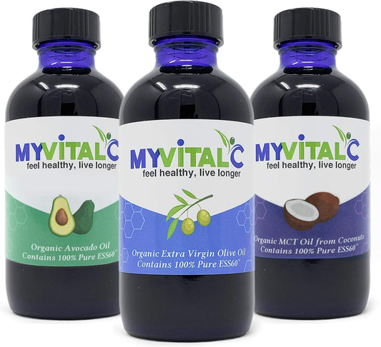 Organic EVOO, MCT, Avocado Oil Combo with ESS60 Antioxidant Supplement - Anti-Aging, Longevity, Sleep, Energy - Pack of 3