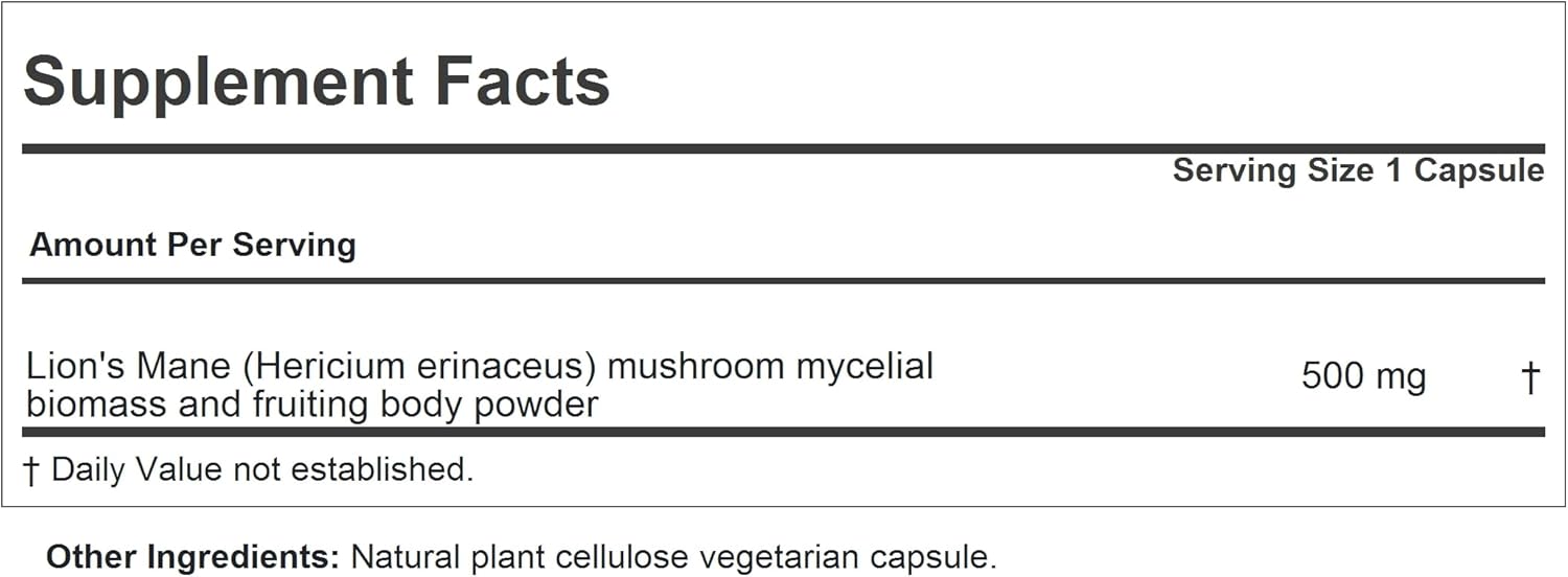 Organic Full Spectrum Lion's Mane Mushroom Extract Capsules - Brain & Nervous System Support - 60 Capsules