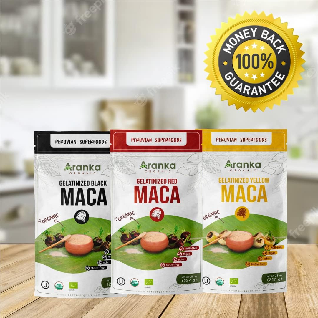 Organic Gelatinized Maca Powder - 8oz Peruvian Maca Blend with Red, Black, and Yellow Maca Root