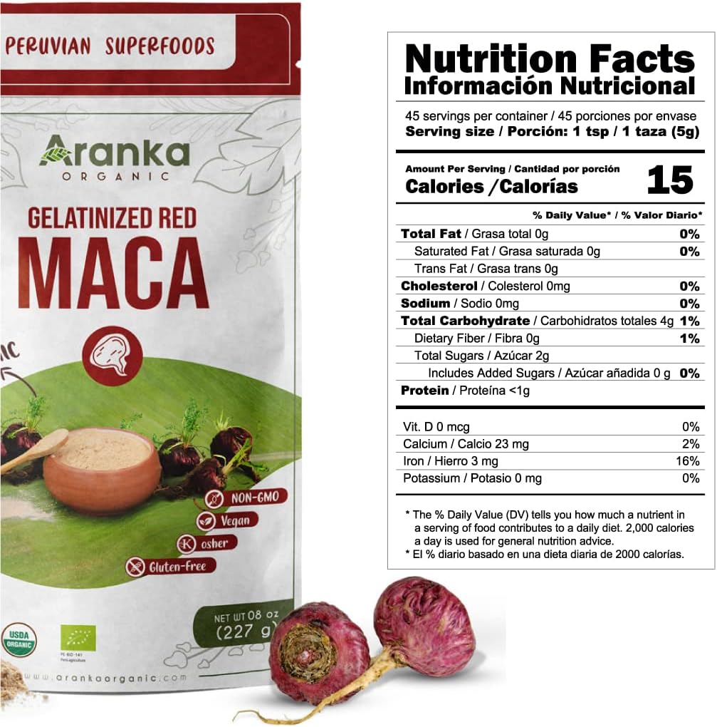 Organic Gelatinized Maca Powder - 8oz Peruvian Maca Blend with Red, Black, and Yellow Maca Root