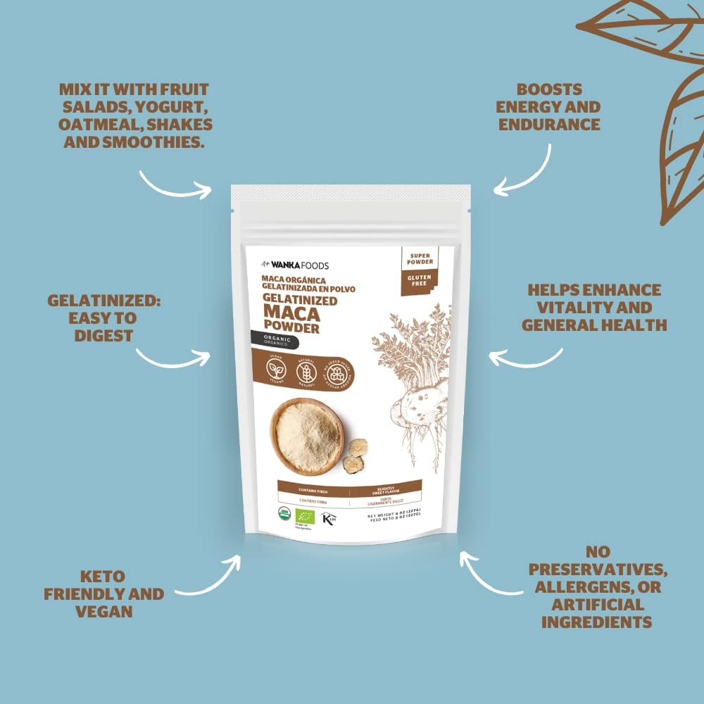 Organic Gelatinized Maca Powder 8oz - Peruvian Maca Root - Vegan, USDA Organic, Non-GMO - Boost Energy and Vitality - Keto-Friendly Adaptogen