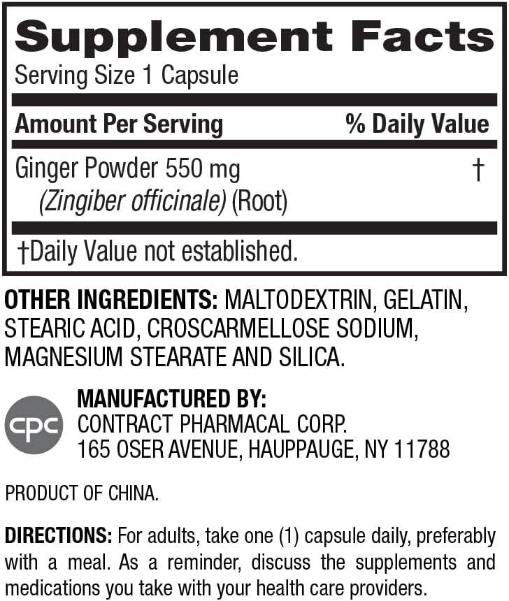 Organic Ginger Root 550 mg Capsules - Natural Digestive Support Supplement for Men & Women - No Artificial Color/Preservatives - 100 Capsules