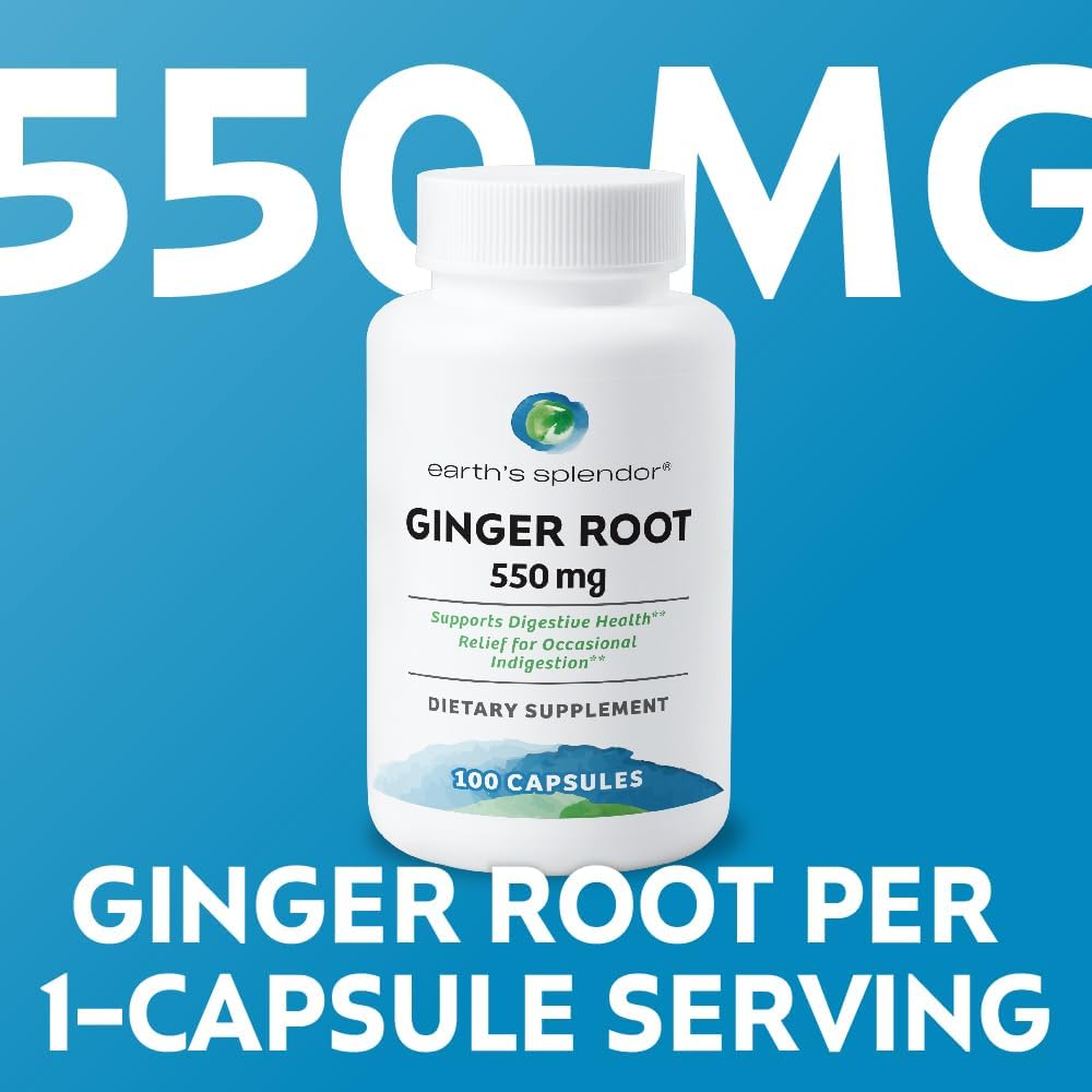 Organic Ginger Root 550 mg Capsules - Natural Digestive Support Supplement for Men & Women - No Artificial Color/Preservatives - 100 Capsules