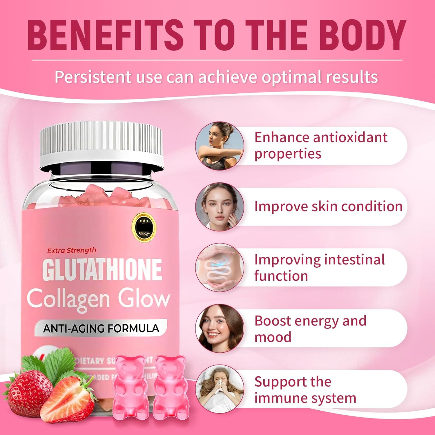 Organic Glow Gummies for Women - Collagen & Glutathione Blend for Dark Spots - Korean Skin Vitamins (1 Bottle)