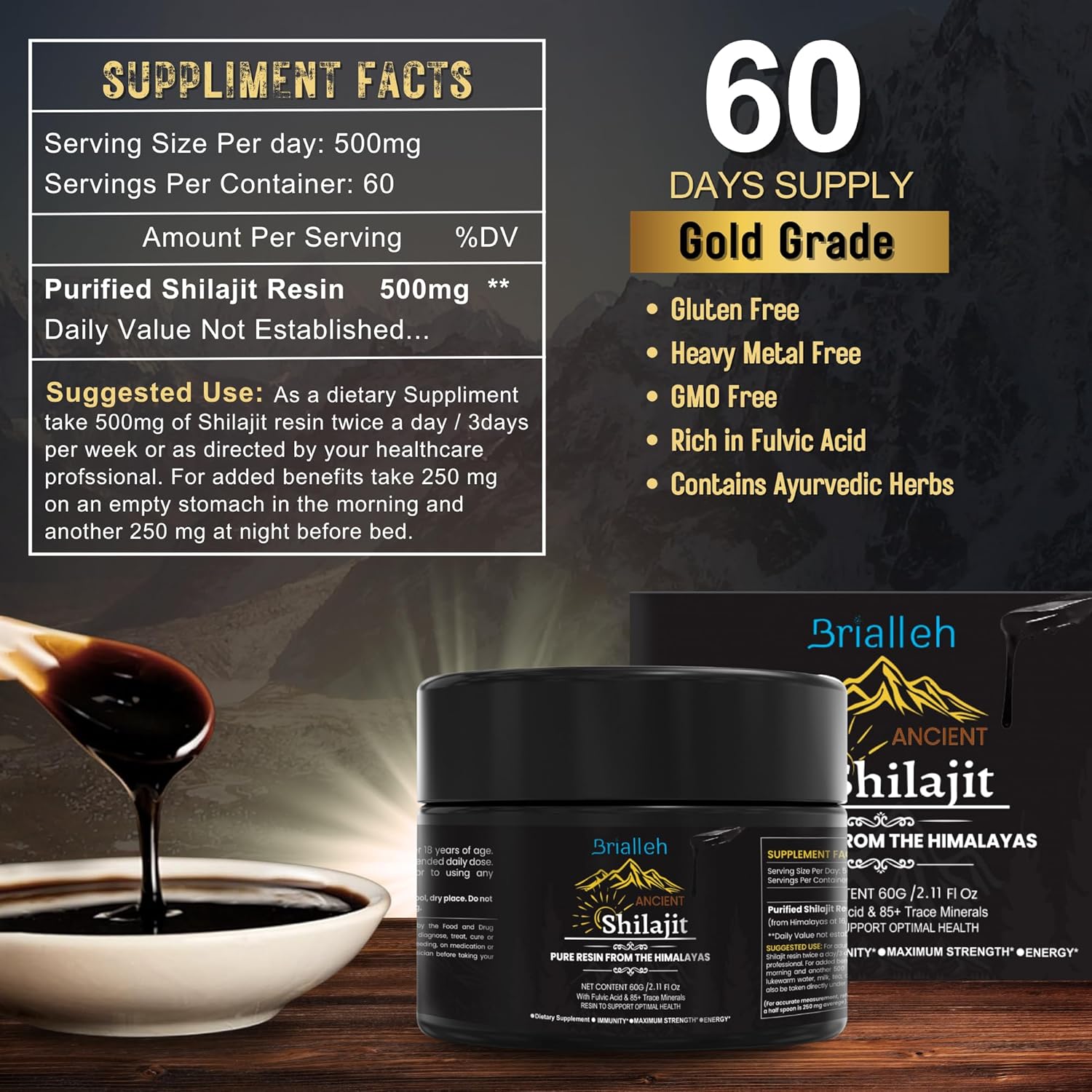 Organic Golden Himalayan Shilajit Supplement 60g - Natural Resin with Ayurvedic Blend for Energy, Strength & Immunity