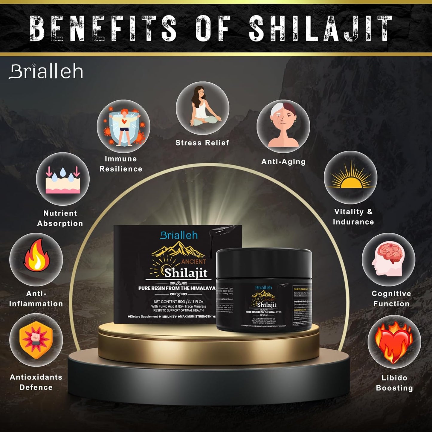 Organic Golden Himalayan Shilajit Supplement 60g - Natural Resin with Ayurvedic Blend for Energy, Strength & Immunity