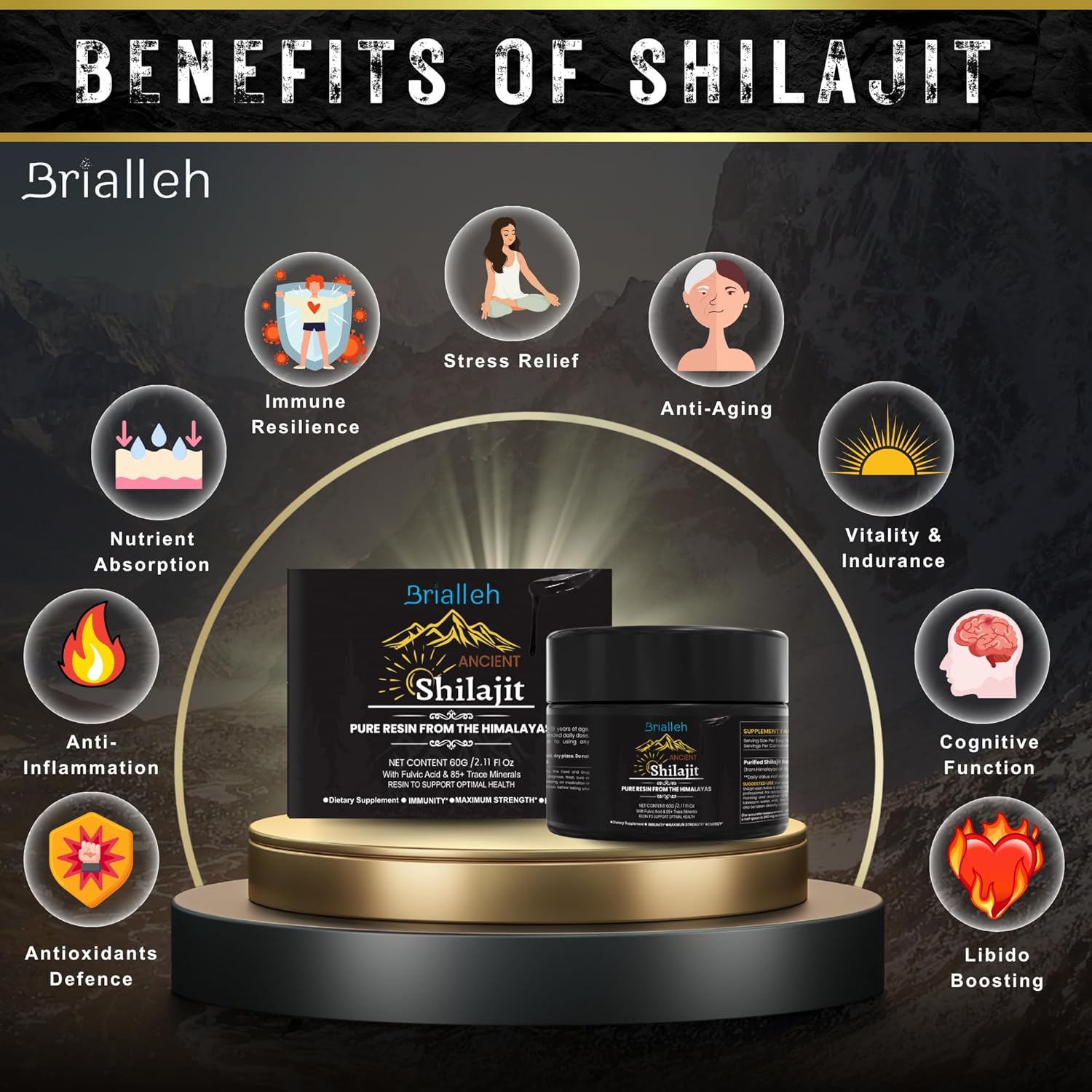 Organic Golden Himalayan Shilajit Supplement 60g - Natural Resin with Ayurvedic Blend for Energy, Strength & Immunity