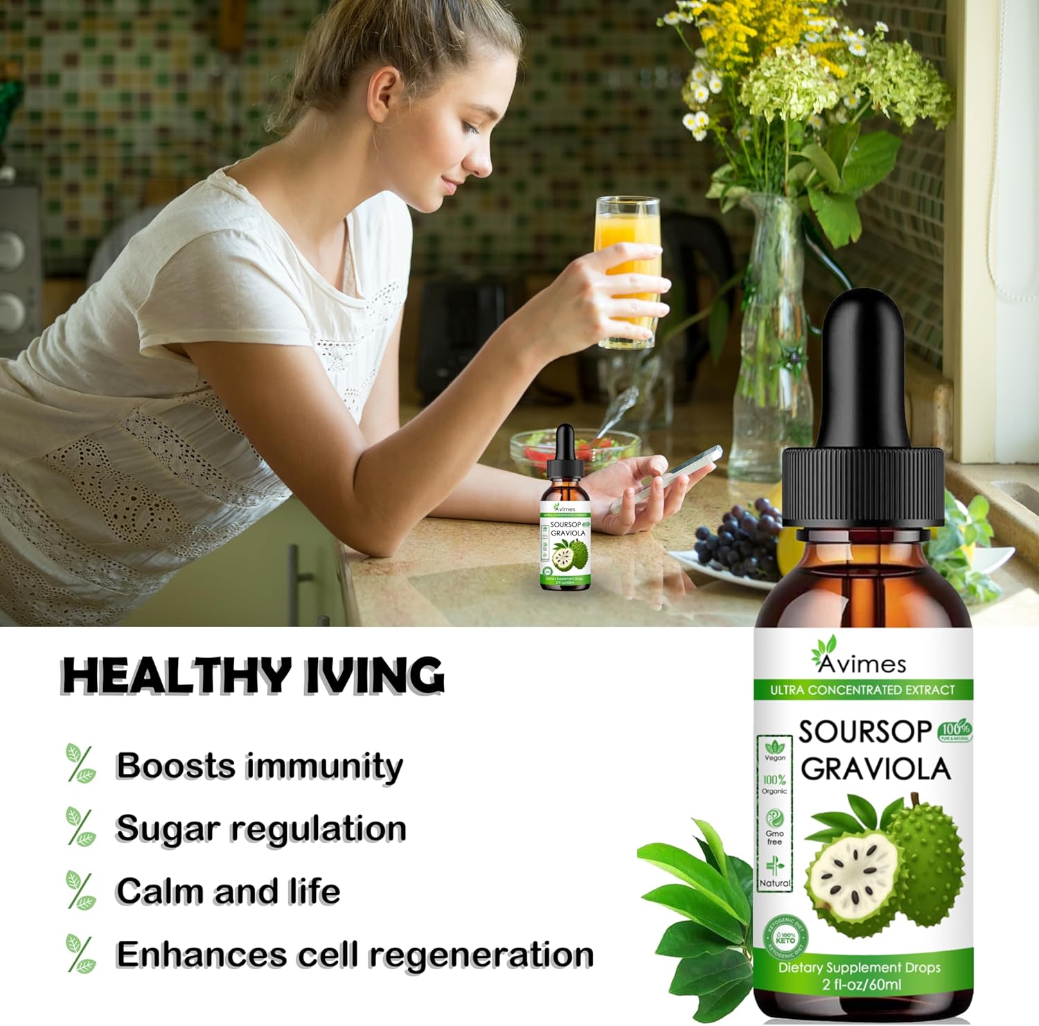 Organic Graviola Soursop Liquid Extract for Cellular Health, Immune Support, Stress Relief - 2 Oz