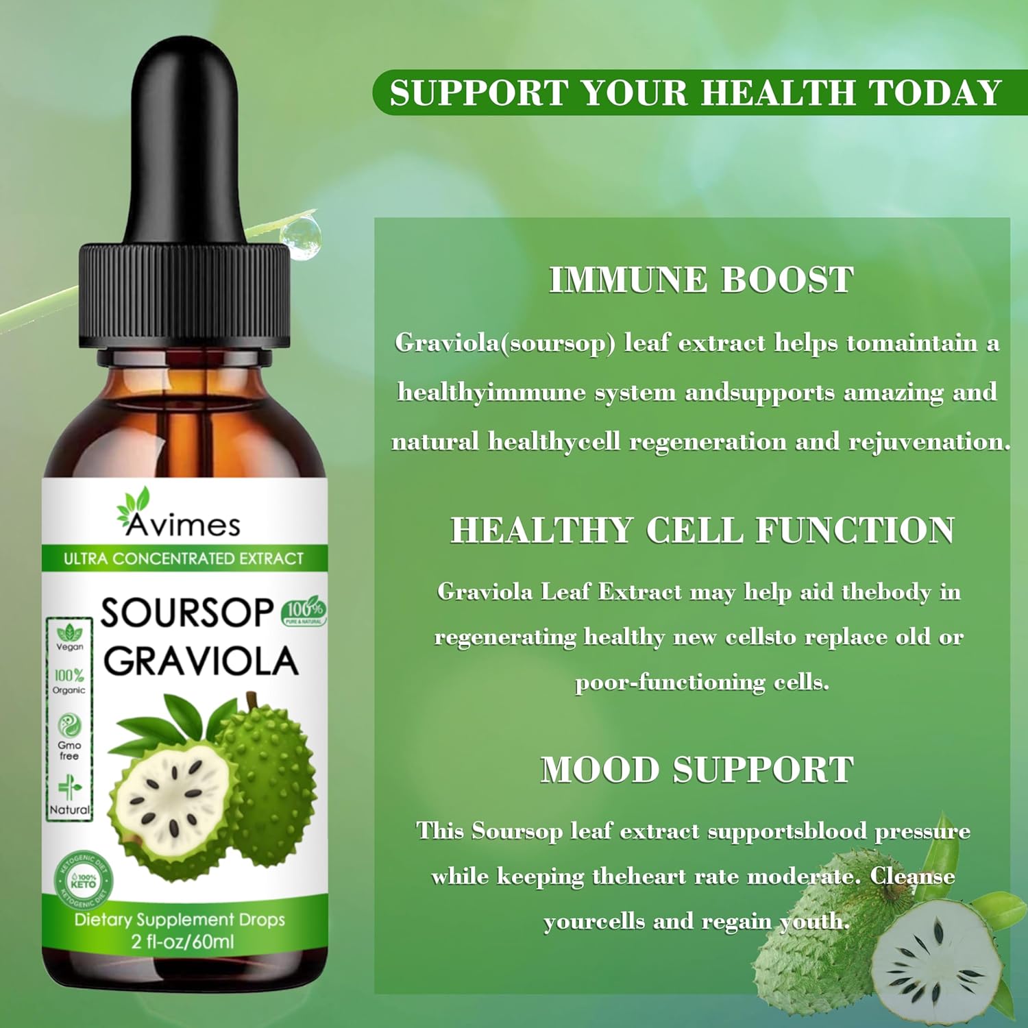 Organic Graviola Soursop Liquid Extract for Cellular Health, Immune Support, Stress Relief - 2 Oz