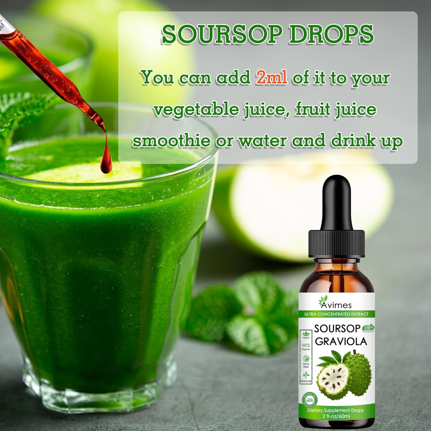 Organic Graviola Soursop Liquid Extract for Cellular Health, Immune Support, Stress Relief - 2 Oz
