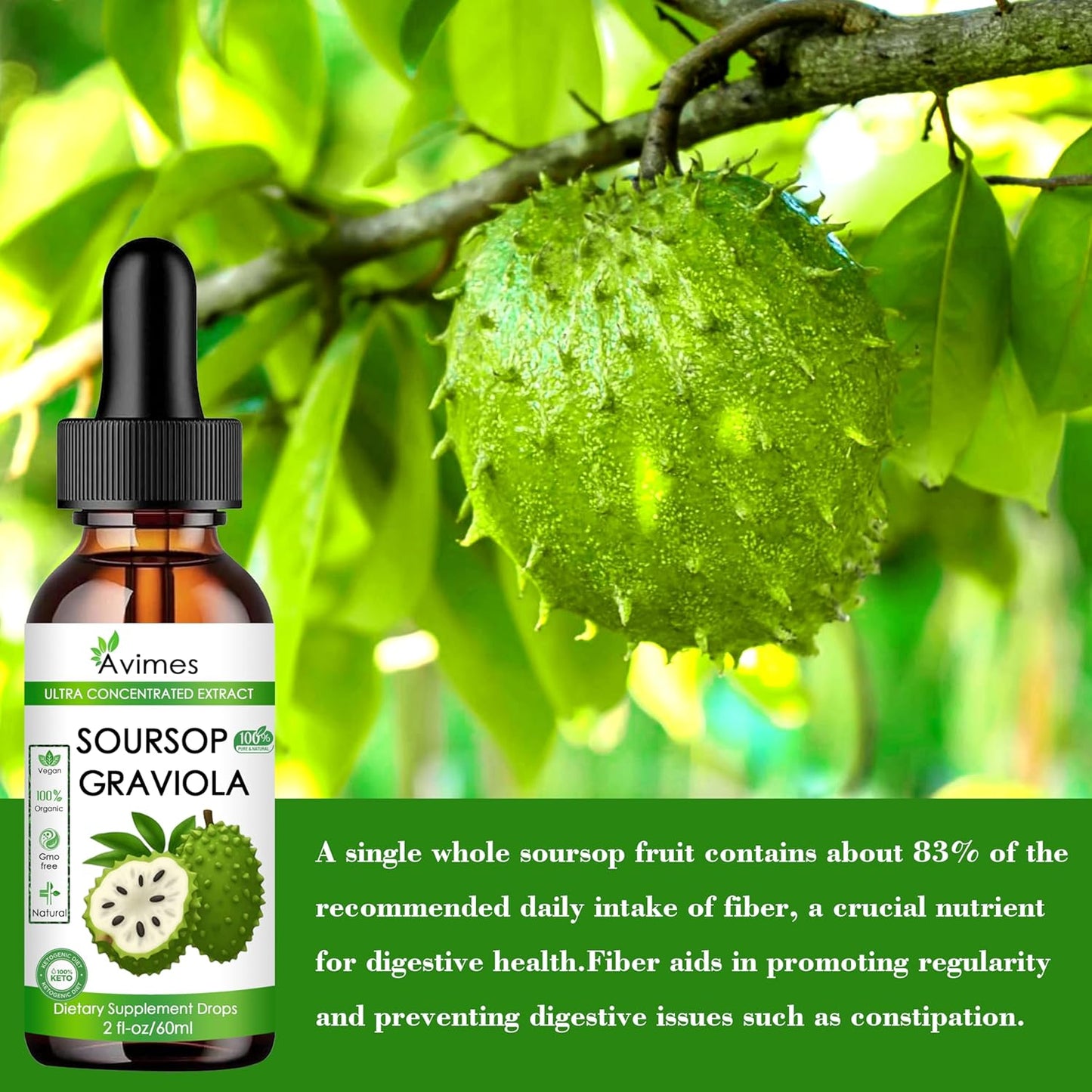 Organic Graviola Soursop Liquid Extract for Cellular Health, Immune Support, Stress Relief - 2 Oz