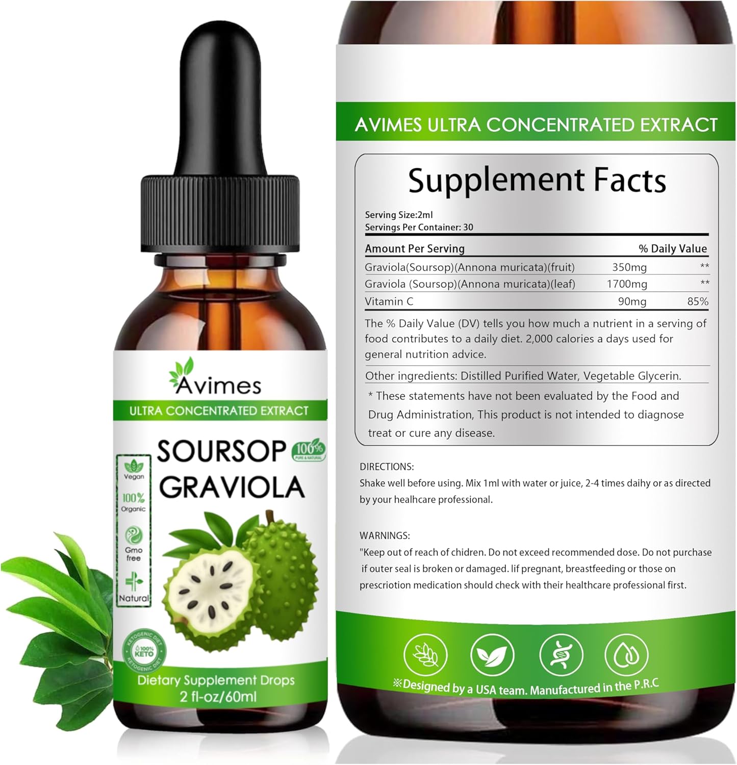 Organic Graviola Soursop Liquid Extract for Cellular Health, Immune Support, Stress Relief - 2 Oz