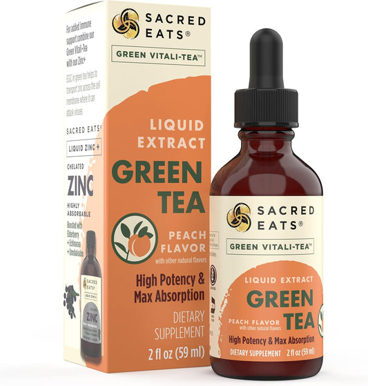 Organic Green Tea Liquid Extract Drops - Immune Support Supplement with Antioxidants & Polyphenols for Gentle Energy Boost - Peach Flavor