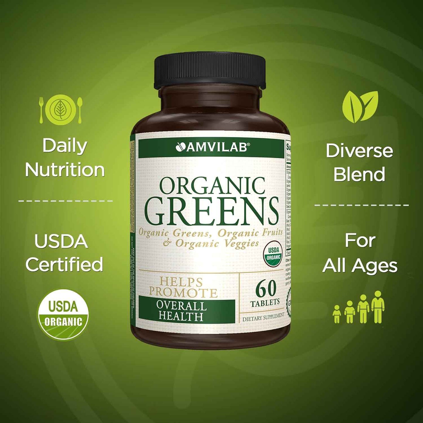 Organic Greens, Fruits & Veggies Best Supplement to Boost Energy, Detox, Enhance Health. USDA Organic, Gluten Free, Vegan, Non-GMO, No. 1 Source of Essential Nutrient-Rich Super-Food 60 Count