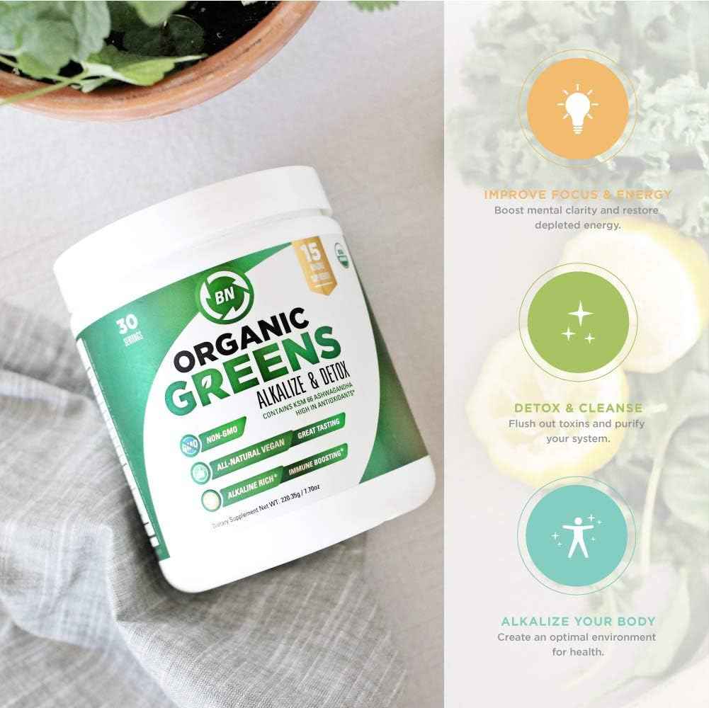 Organic Greens Powder - USDA Organic - Non-GMO - 15 Superfoods - Detox and Immune Health Benefits Including Spirulina, Matcha Green Tea, and Ashwagandha - 30 Servings