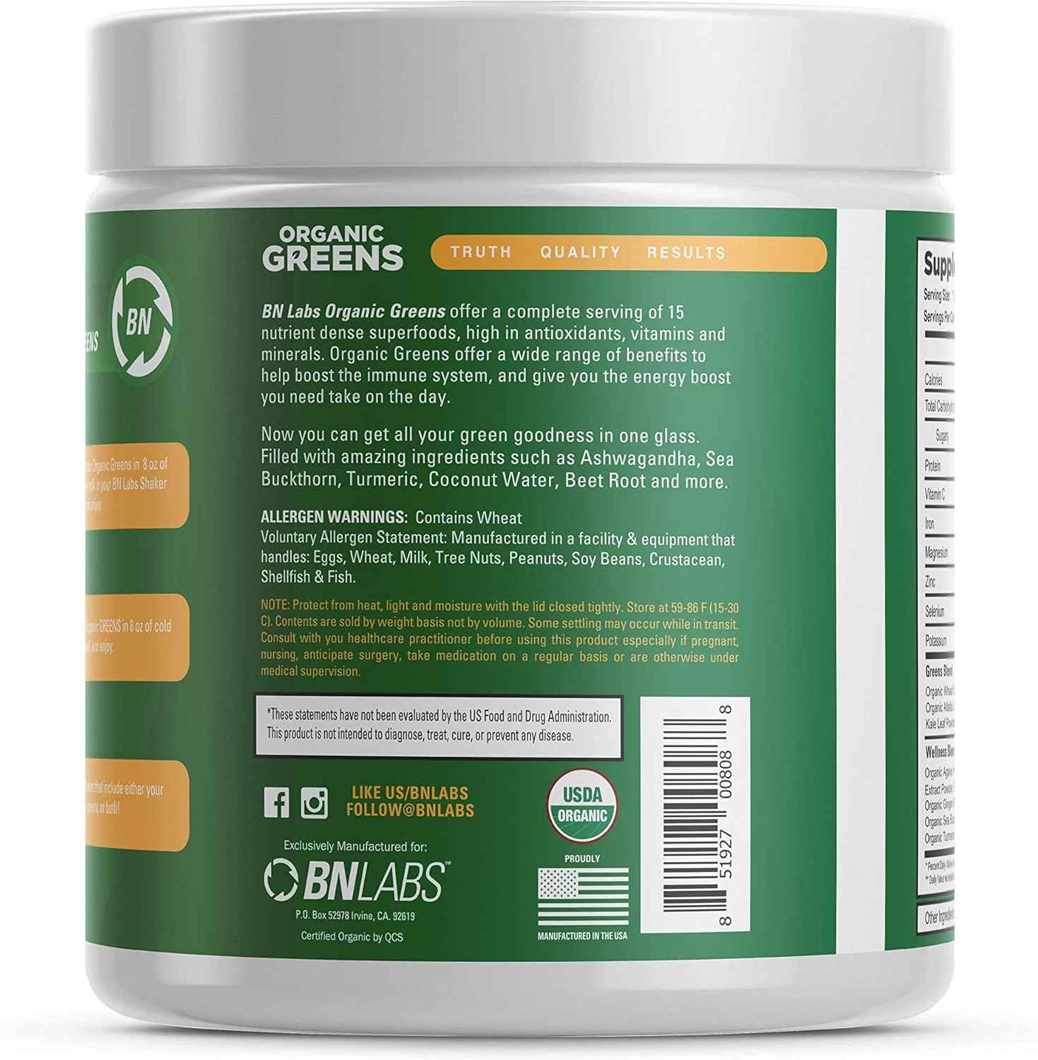 Organic Greens Powder - USDA Organic - Non-GMO - 15 Superfoods - Detox and Immune Health Benefits Including Spirulina, Matcha Green Tea, and Ashwagandha - 30 Servings