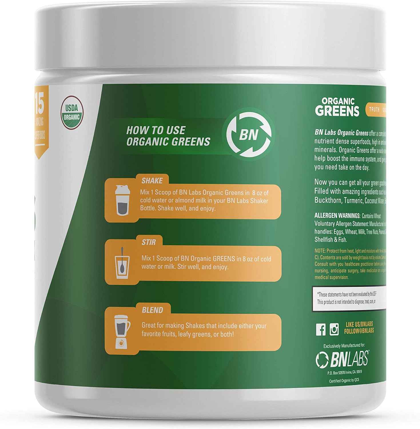 Organic Greens Powder - USDA Organic - Non-GMO - 15 Superfoods - Detox and Immune Health Benefits Including Spirulina, Matcha Green Tea, and Ashwagandha - 30 Servings