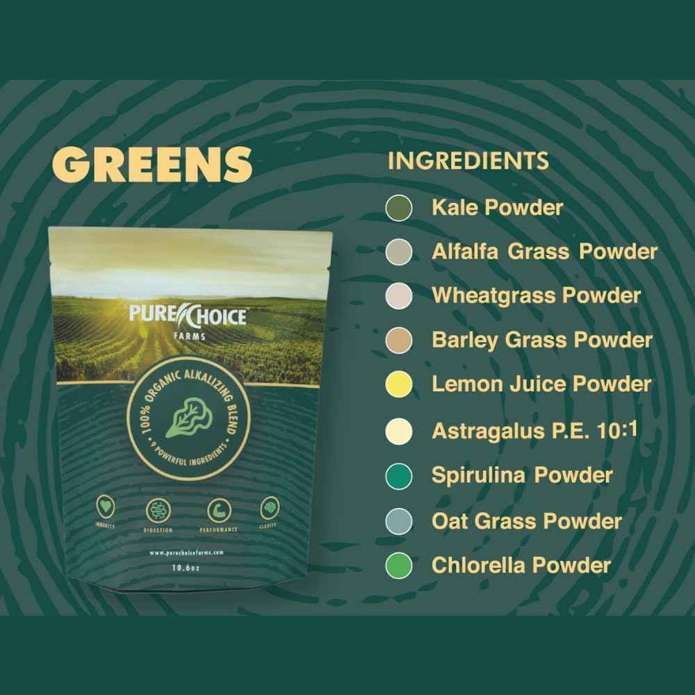 Organic Greens Superfood Powder, USA Grown - Kale, Alfalfa Grass, Wheatgrass, Barley Grass, Astragalus, Spirulina, Oat Grass & Chlorella, USA Grown (10.6 oz, 1 Month Supply)