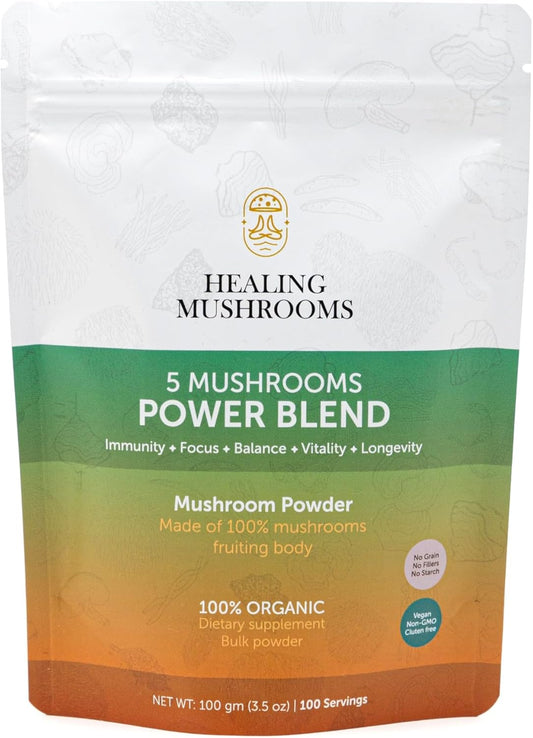 Organic Healing Mushrooms Powder Blend with Lions Mane, Reishi, Cordyceps, Turkey Tail, Chaga - 100g