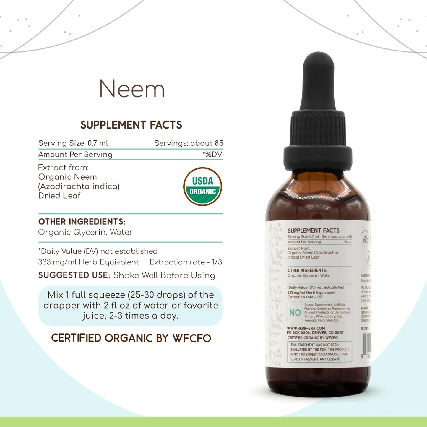 Organic HerbEra Neem B60 Alcohol-Free Herbal Extract Tincture - Concentrated Liquid Drops (2 fl oz)
