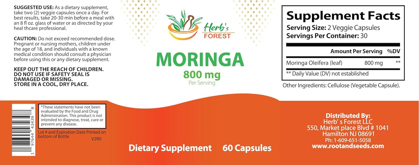Organic Herb's Forest Moringa Leaf Powder Capsules, 800mg per Serving, Small Veg Capsules, Daily Nutrition for Women and Men