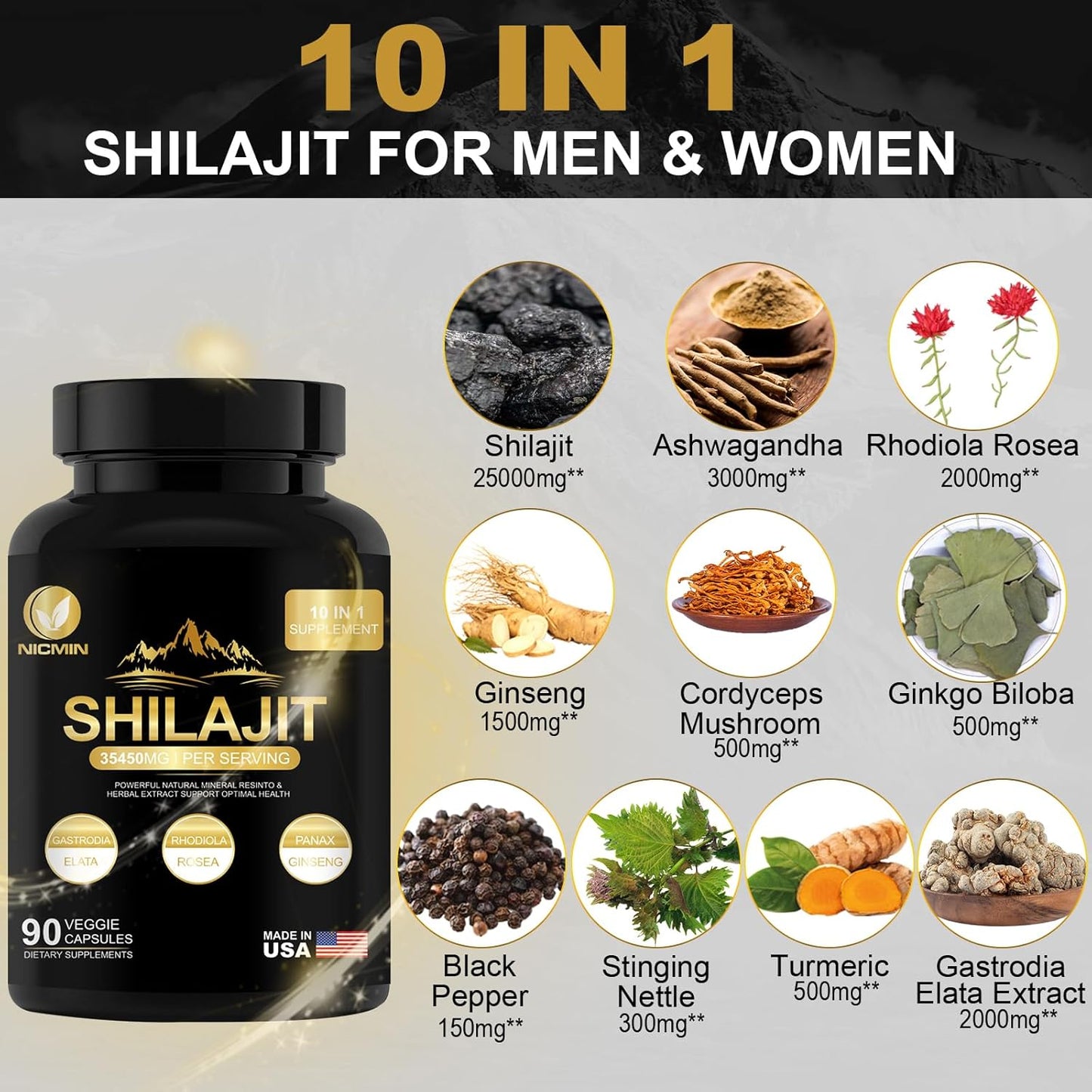 Organic Himalayan Shilajit Supplement for Energy and Immune Support - 270 Capsules