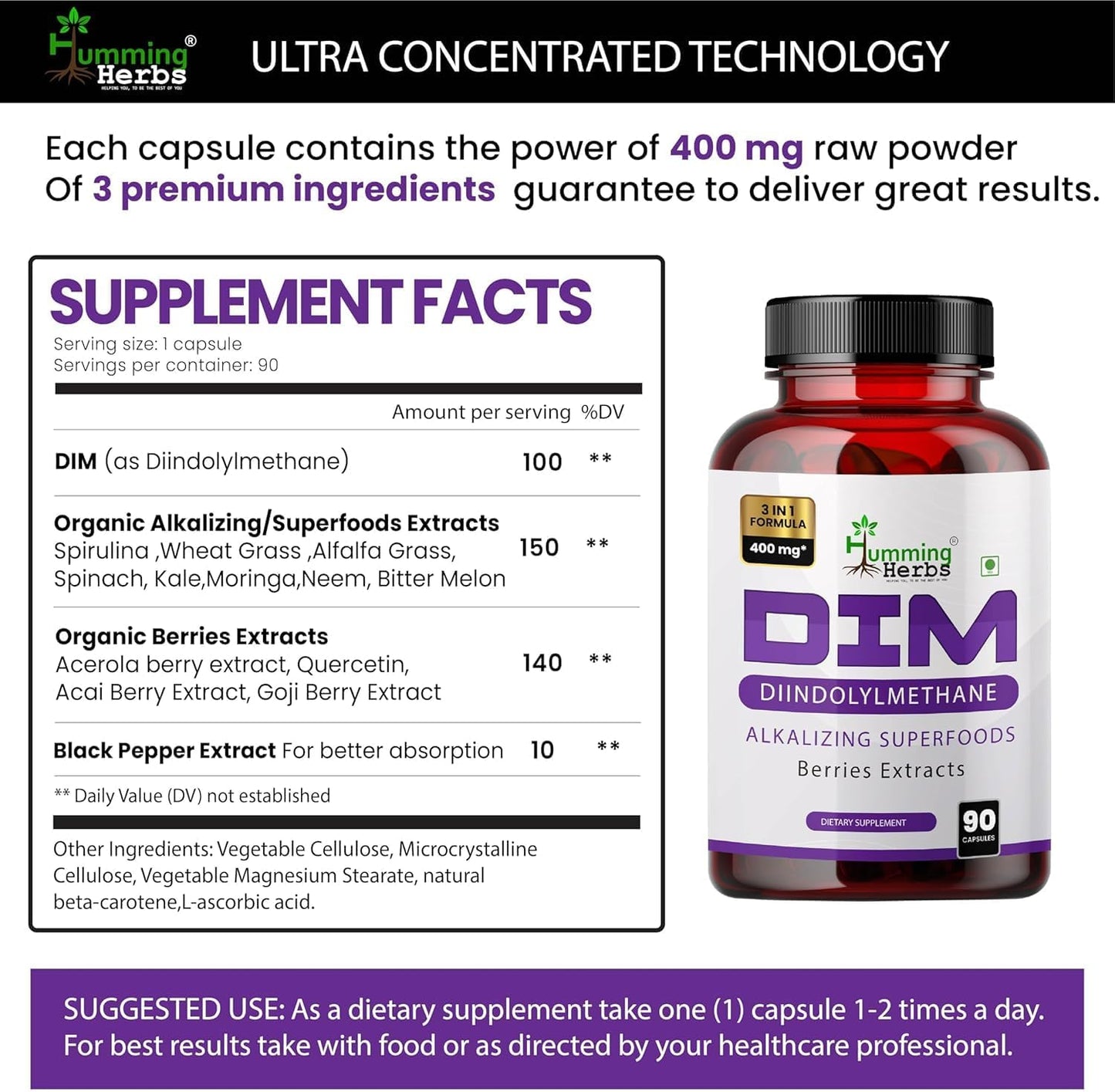 Organic Humming Herbs DIM Supplement with Spirulina, Berries, and Black Pepper Extract - 90 Capsules