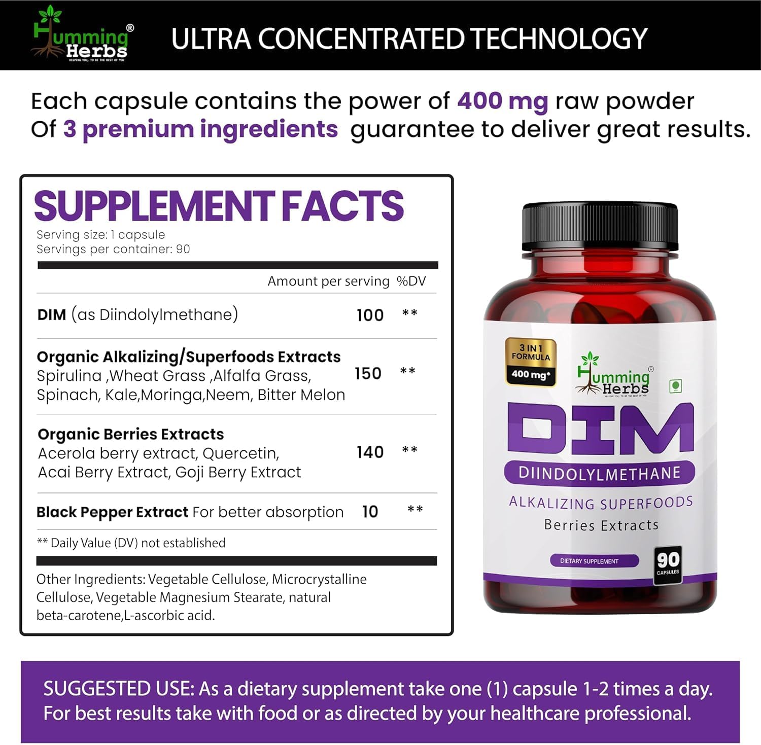 Organic Humming Herbs DIM Supplement with Spirulina, Berries, and Black Pepper Extract - 90 Capsules