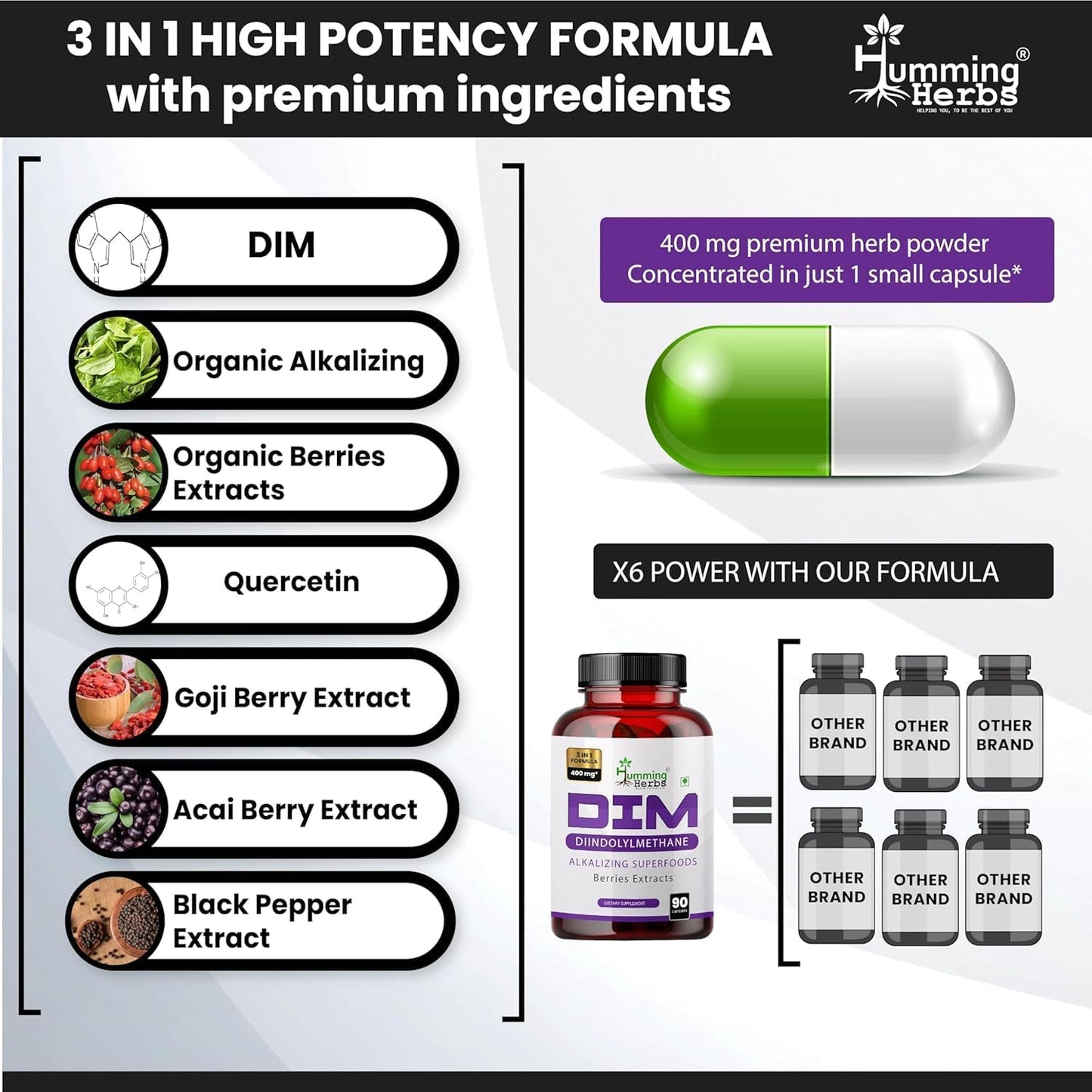 Organic Humming Herbs DIM Supplement with Spirulina, Berries, and Black Pepper Extract - 90 Capsules