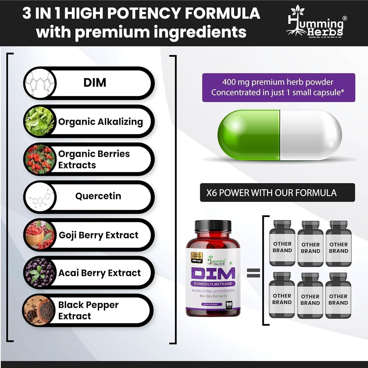 Organic Humming Herbs DIM Supplement with Spirulina, Berries, and Black Pepper Extract - 90 Capsules