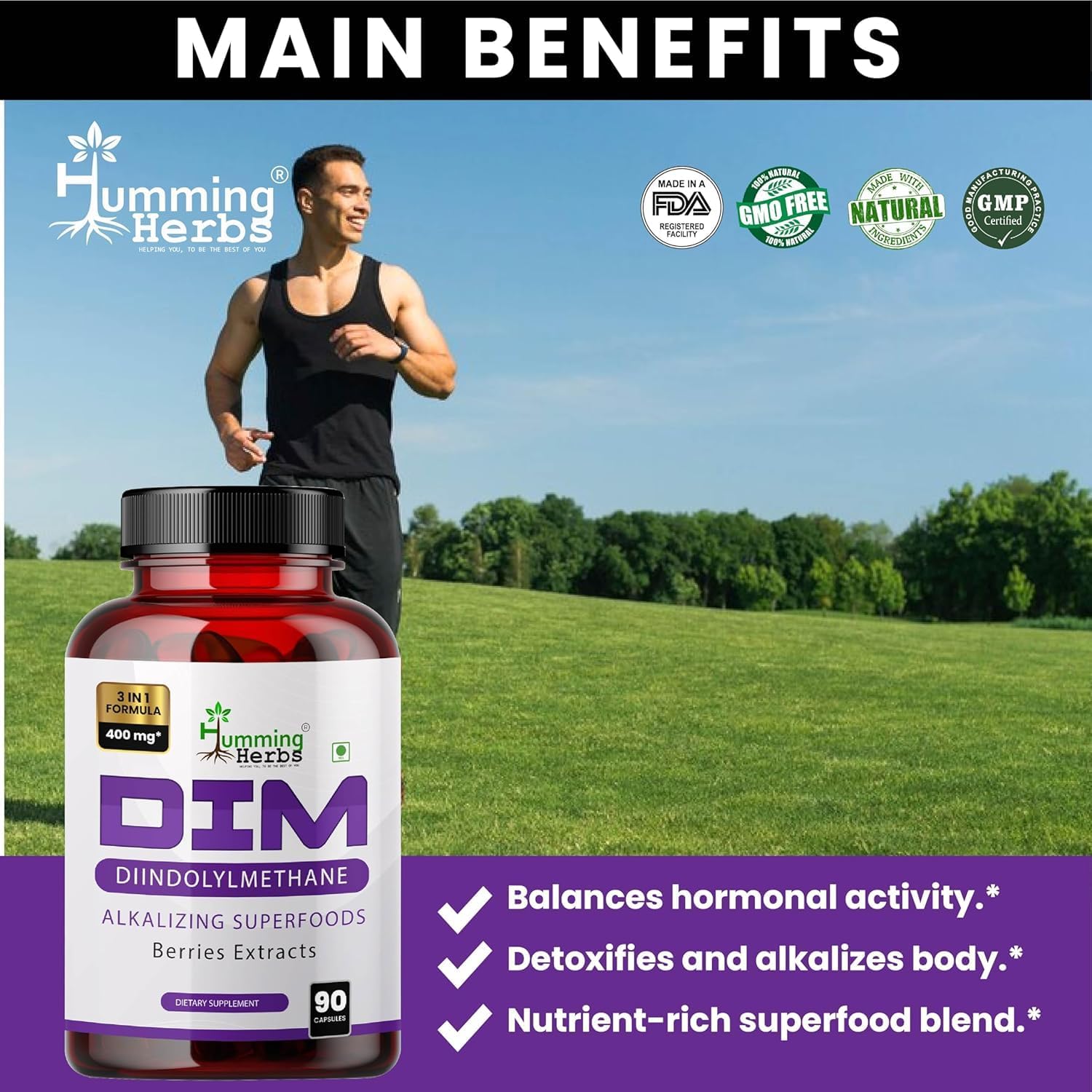Organic Humming Herbs DIM Supplement with Spirulina, Berries, and Black Pepper Extract - 90 Capsules