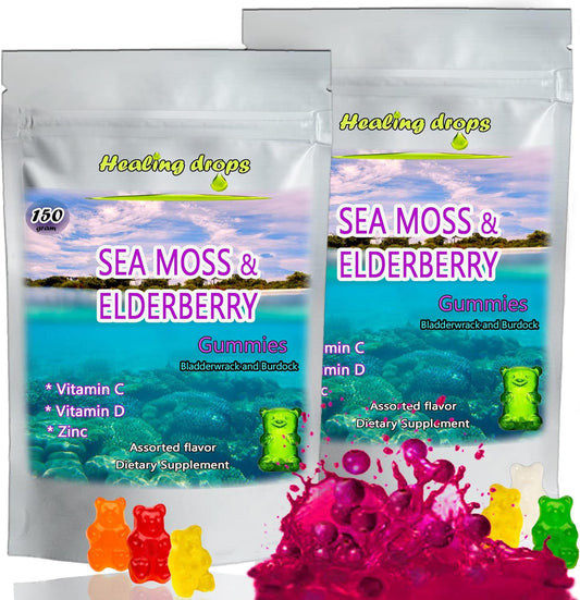 Organic Irish Sea Moss Gummies with Bladderwrack and Burdock Root - Keto Vegan Skin Detox Supplement with Elderberry - Raw Sun-Dried Seamoss Powder Gel - Non-GMO & Alkaline Formula