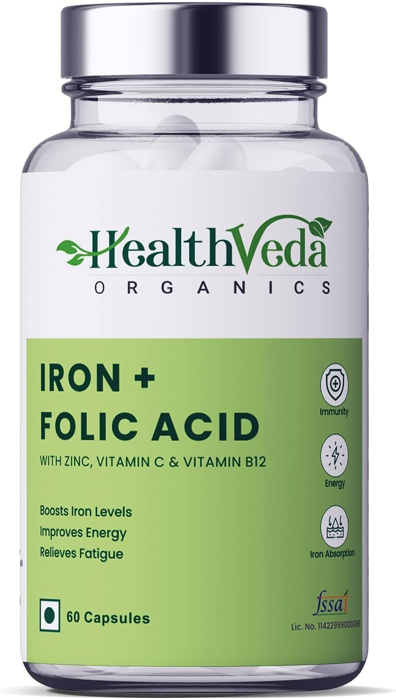 Organic Iron and Folic Acid Supplement with Zinc, Vitamin C, and B12 - 60 Veg Capsules for Immunity and Energy Boost - Supports Blood Health and Absorption - Men and Women Formula