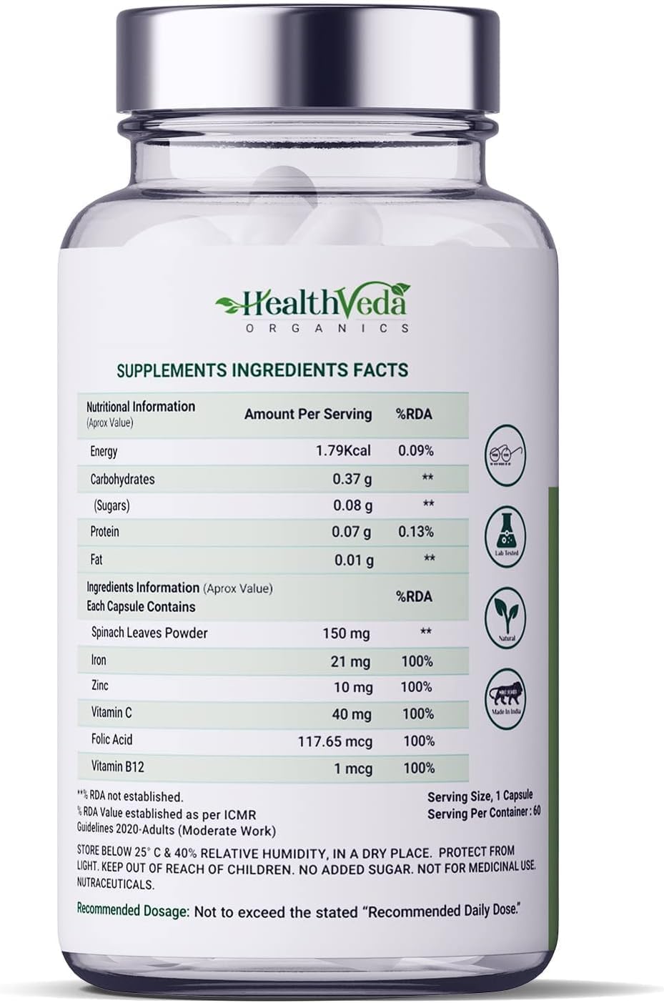Organic Iron and Folic Acid Supplement with Zinc, Vitamin C, and B12 - 60 Veg Capsules for Immunity and Energy Boost - Supports Blood Health and Absorption - Men and Women Formula