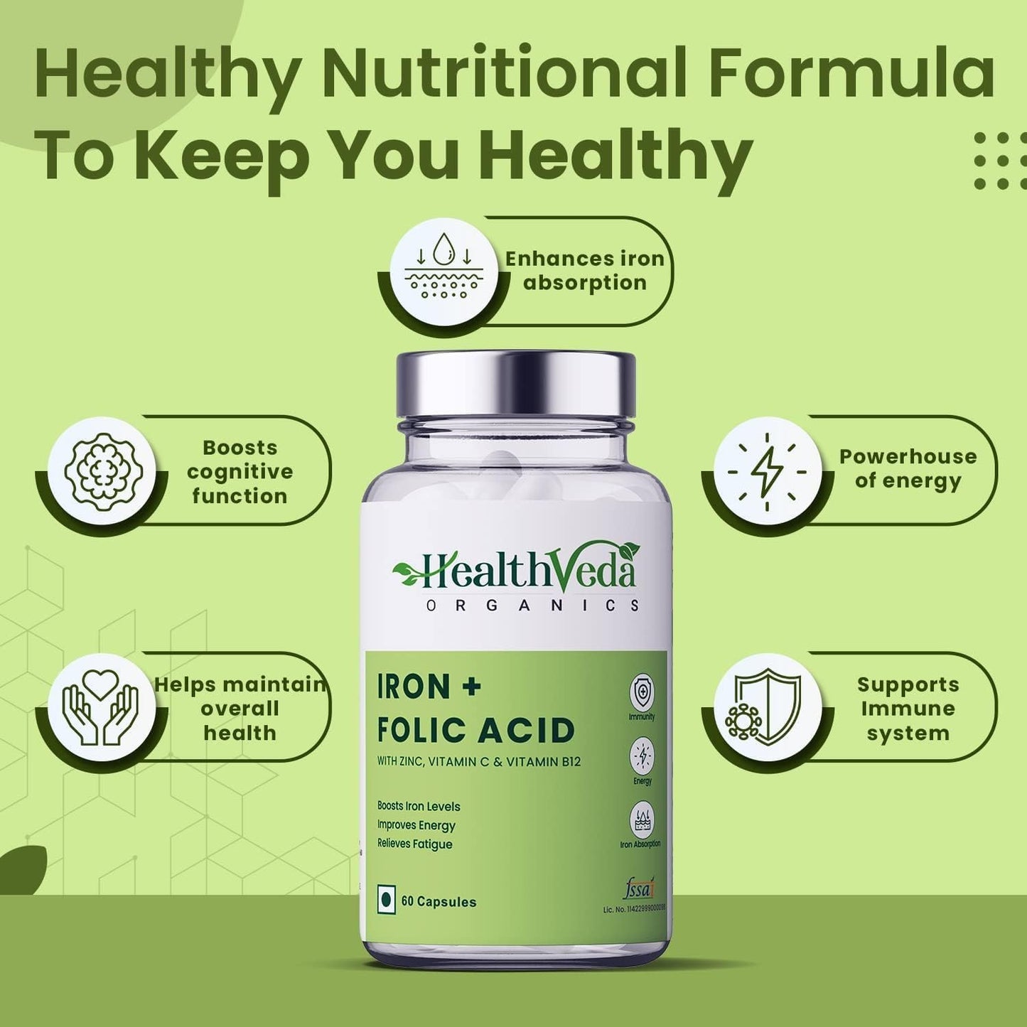 Organic Iron and Folic Acid Supplement with Zinc, Vitamin C, and B12 - 60 Veg Capsules for Immunity and Energy Boost - Supports Blood Health and Absorption - Men and Women Formula