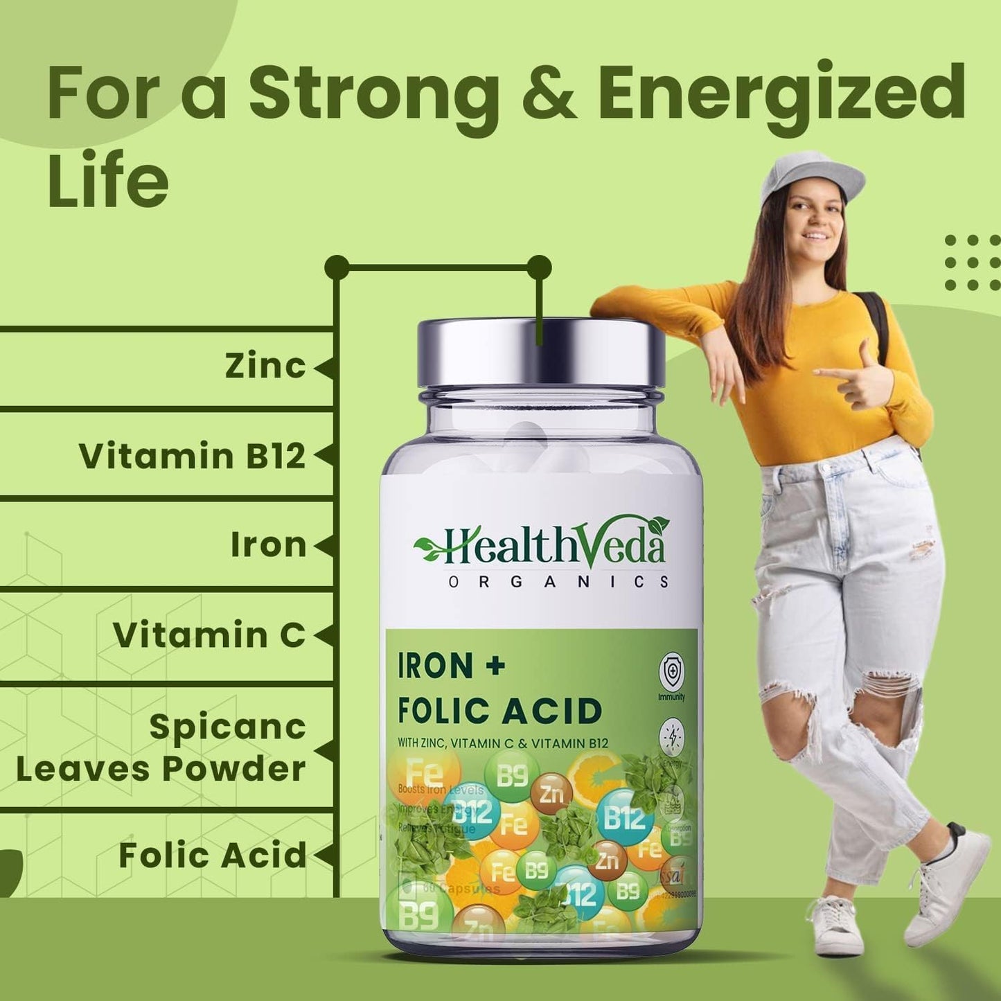 Organic Iron and Folic Acid Supplement with Zinc, Vitamin C, and B12 - 60 Veg Capsules for Immunity and Energy Boost - Supports Blood Health and Absorption - Men and Women Formula
