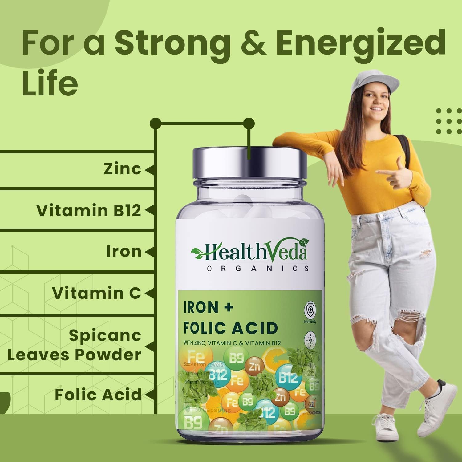 Organic Iron and Folic Acid Supplement with Zinc, Vitamin C, and B12 - 60 Veg Capsules for Immunity and Energy Boost - Supports Blood Health and Absorption - Men and Women Formula