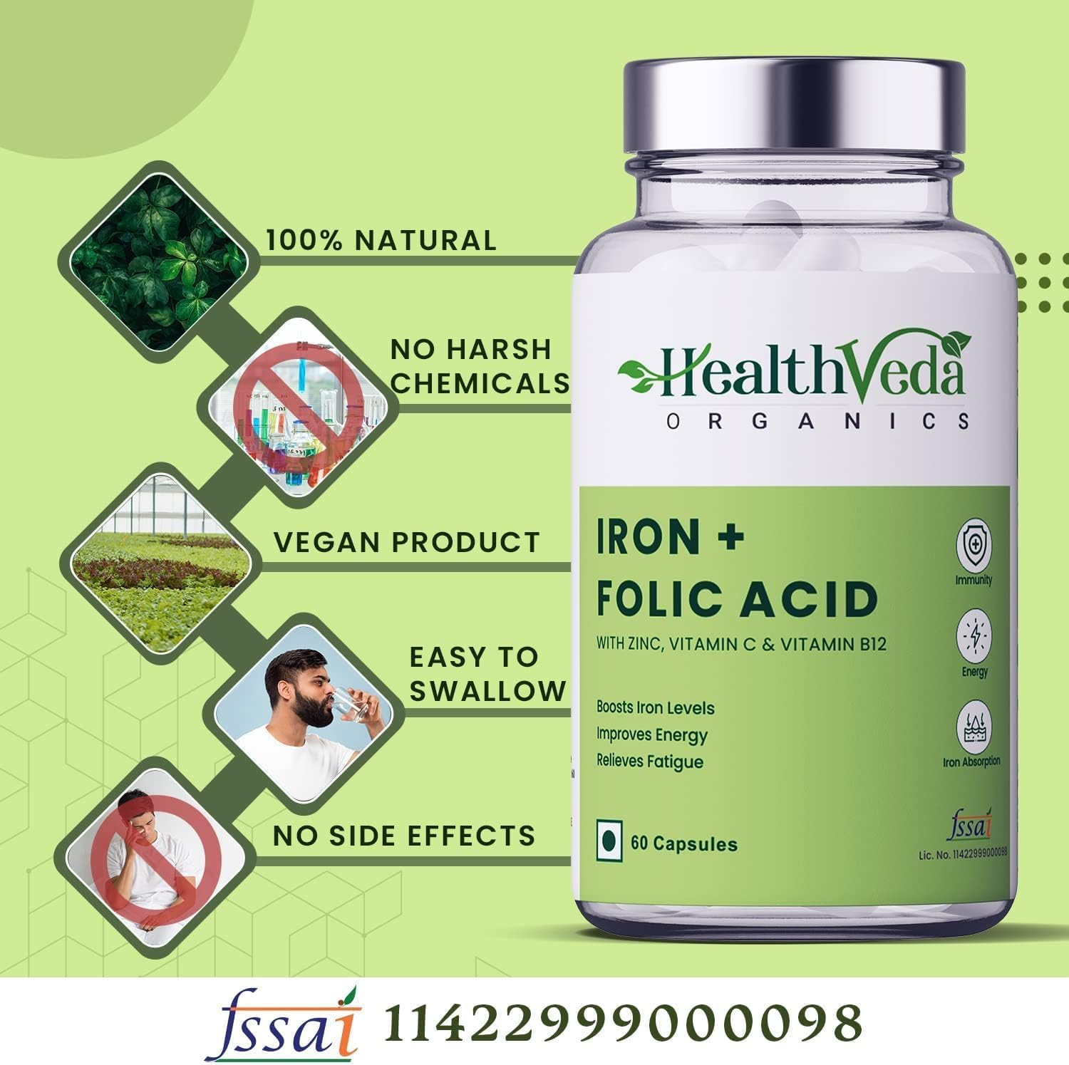 Organic Iron and Folic Acid Supplement with Zinc, Vitamin C, and B12 - 60 Veg Capsules for Immunity and Energy Boost - Supports Blood Health and Absorption - Men and Women Formula